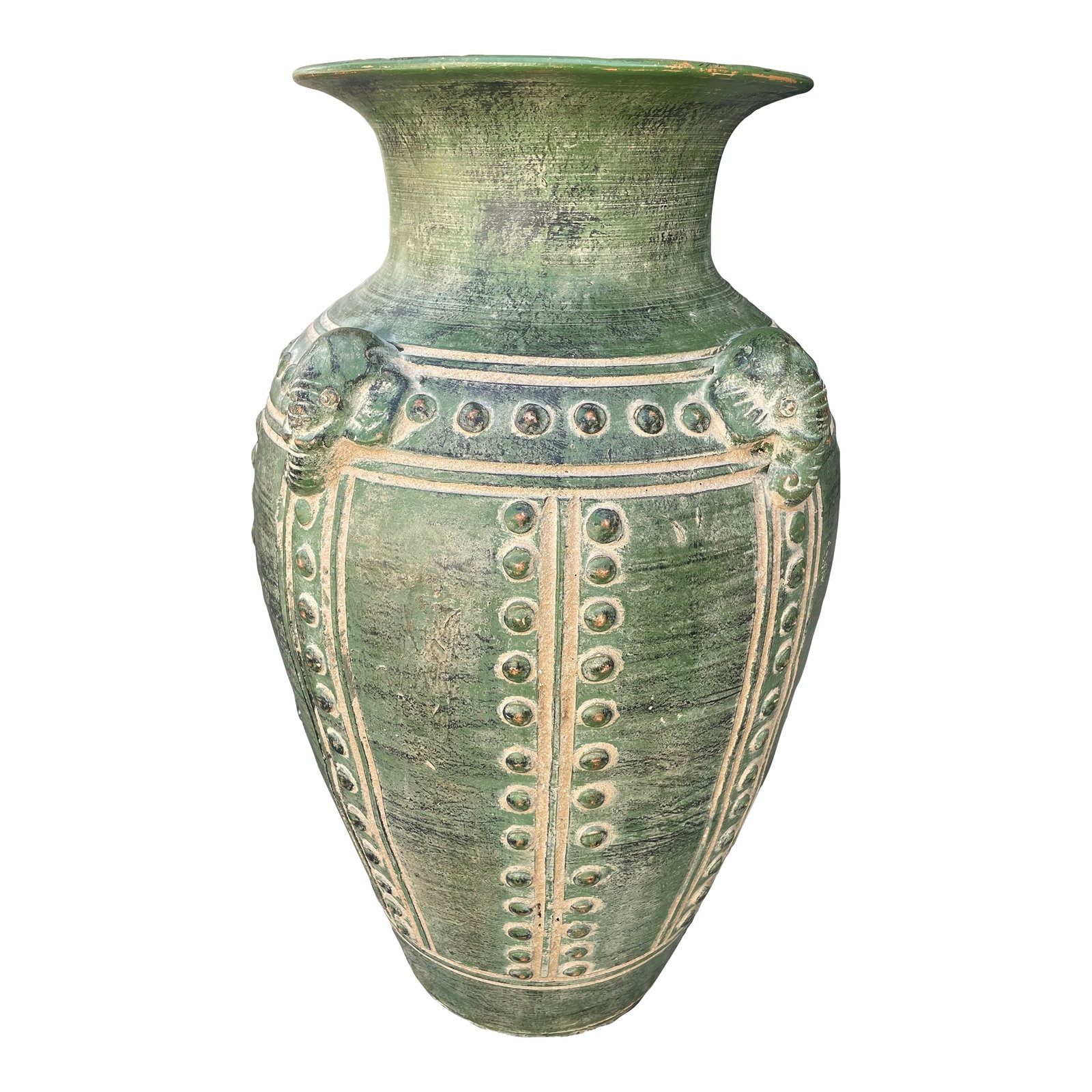 Large Antique Asian Archaistic Style Green Glazed Pottery Vase: Stunning large antique Asian vase crafted from terra cotta with a distinctive green glaze and featuring elephant heads on the perimeter and rows of circular patterns down the sides. Condition: