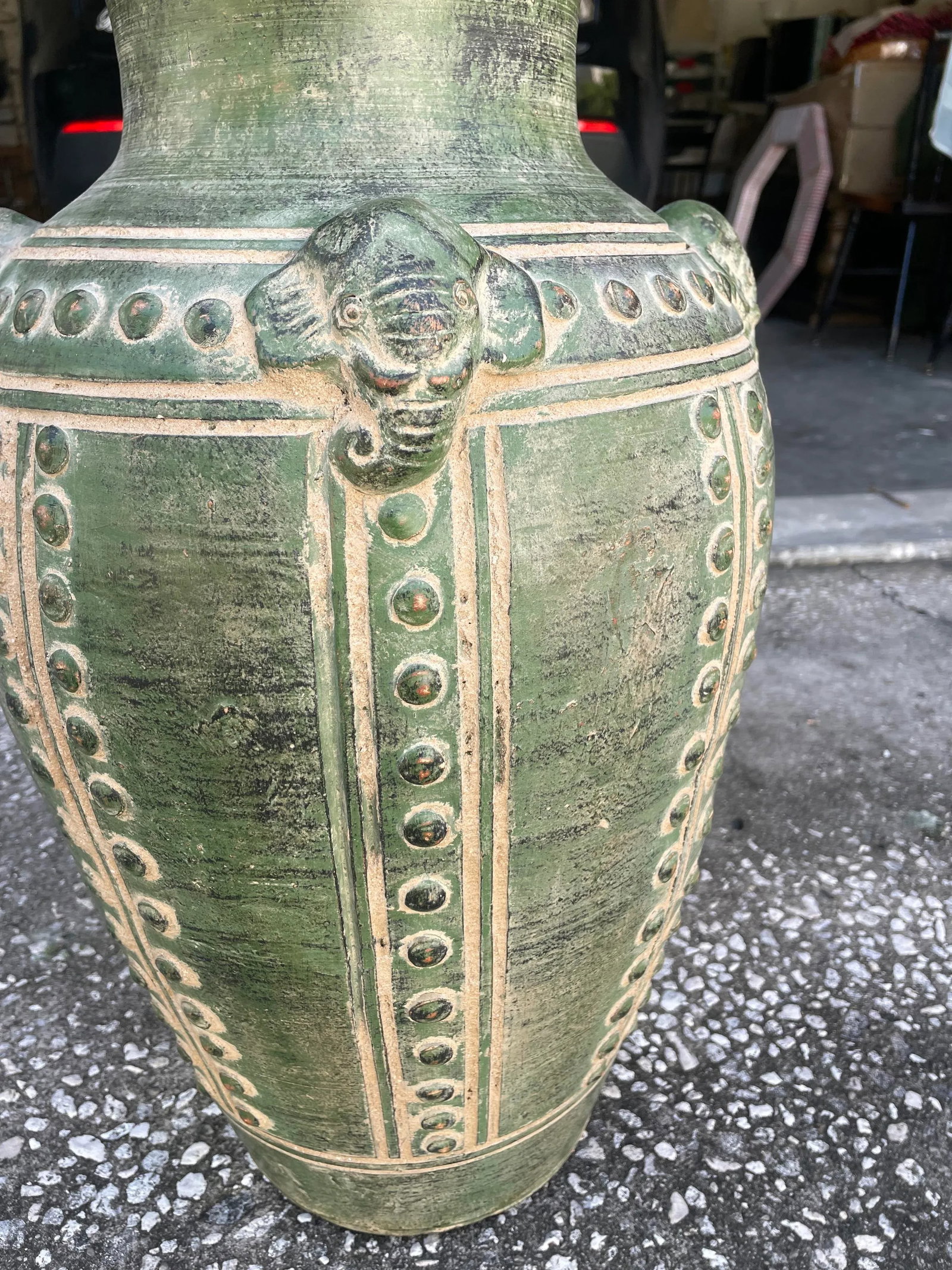 Large Antique Asian Archaistic Style Green Glazed Pottery Vase - 8
