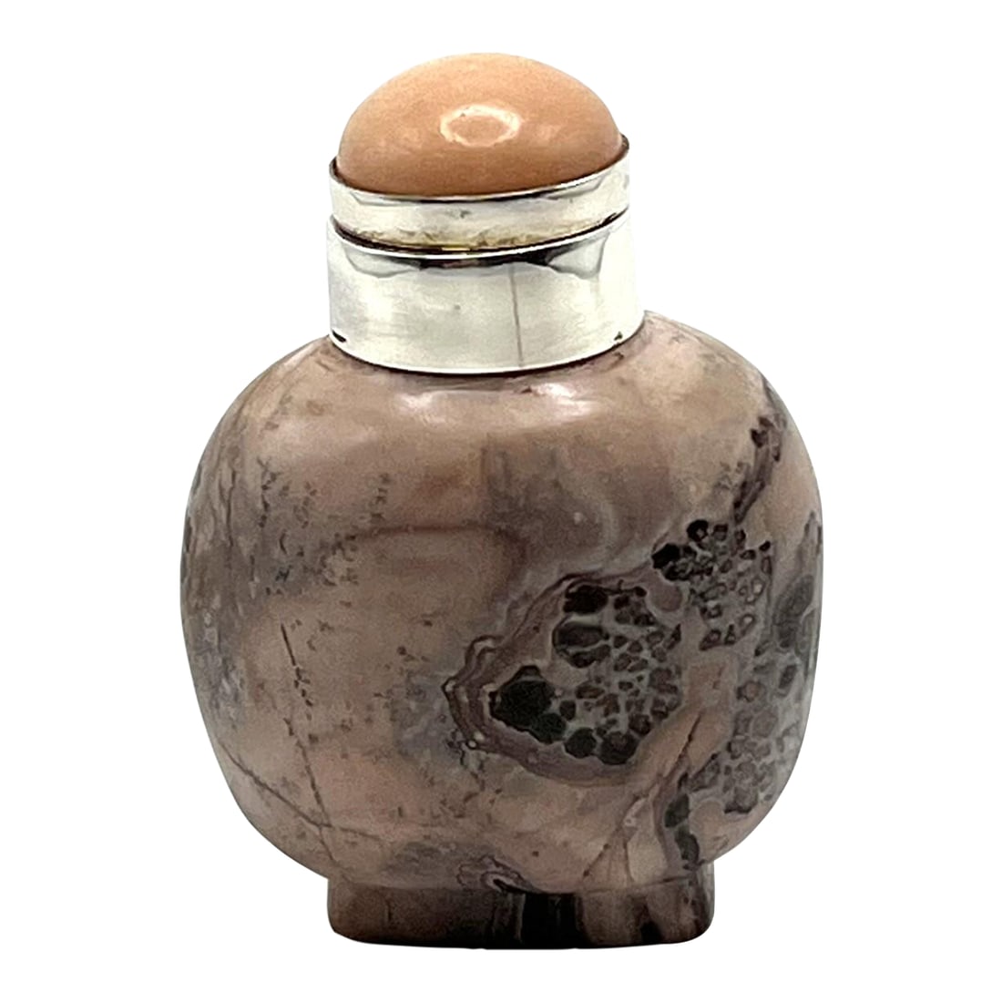 Vintage Dendritic Jasper Snuff Bottle: This is an unusual snuff bottle in terms of size and color. The material is dendritic jasper, an interesting form of Jasper, prized for its unusual pattern that resembles fossilized plants. The