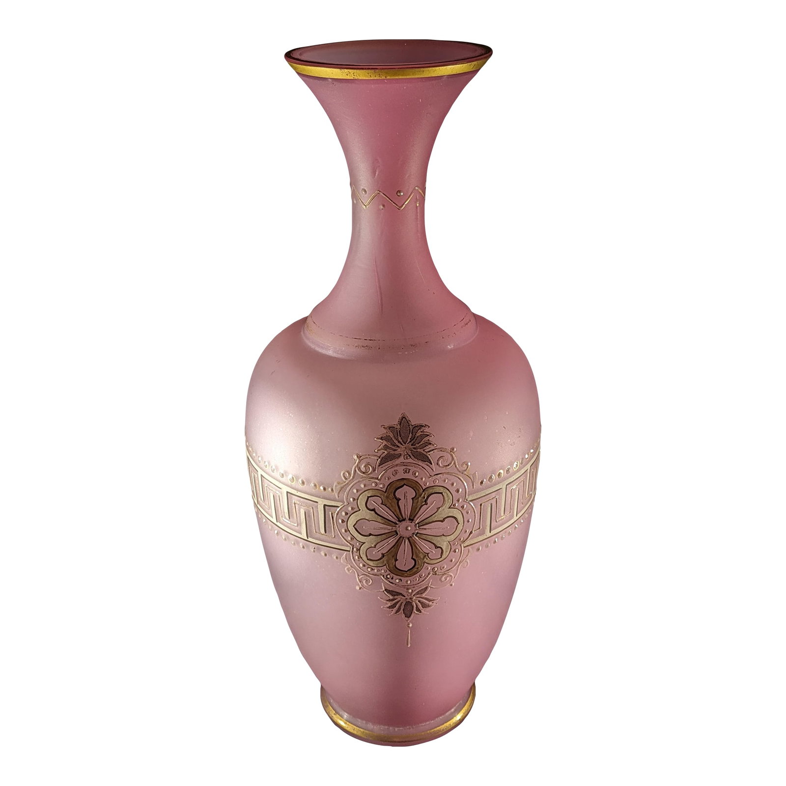 Antique Opaline Pink Satin Vase With Hand Painted Gold and Enamel Embellishment: This is an antique opaline pink satin vase with hand painted gold and enamel embellishment; believed to be from the Victorian period. It is in good antique condition, with no major cracks or chips.