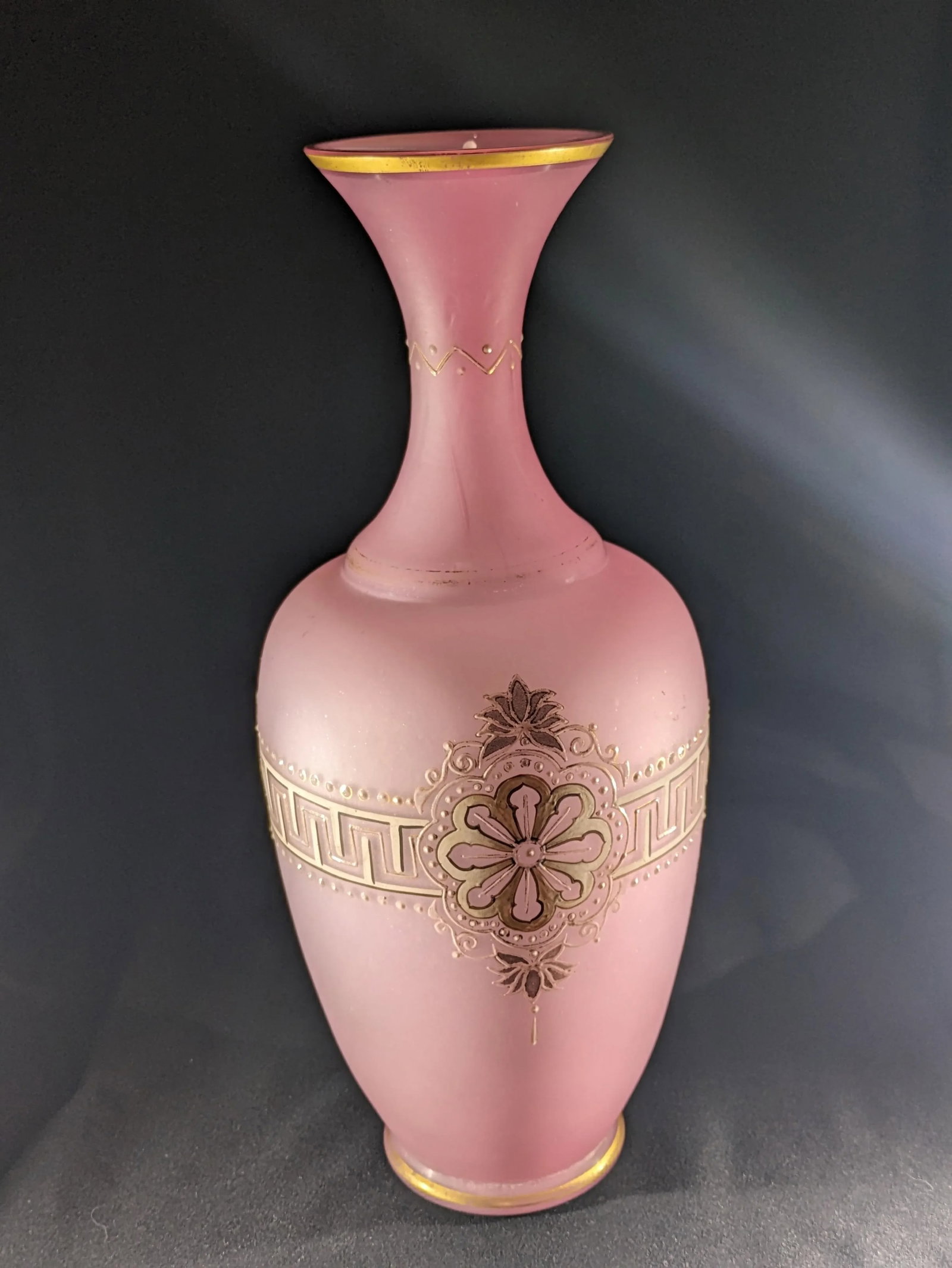 Antique Opaline Pink Satin Vase With Hand Painted Gold and Enamel Embellishment - 2