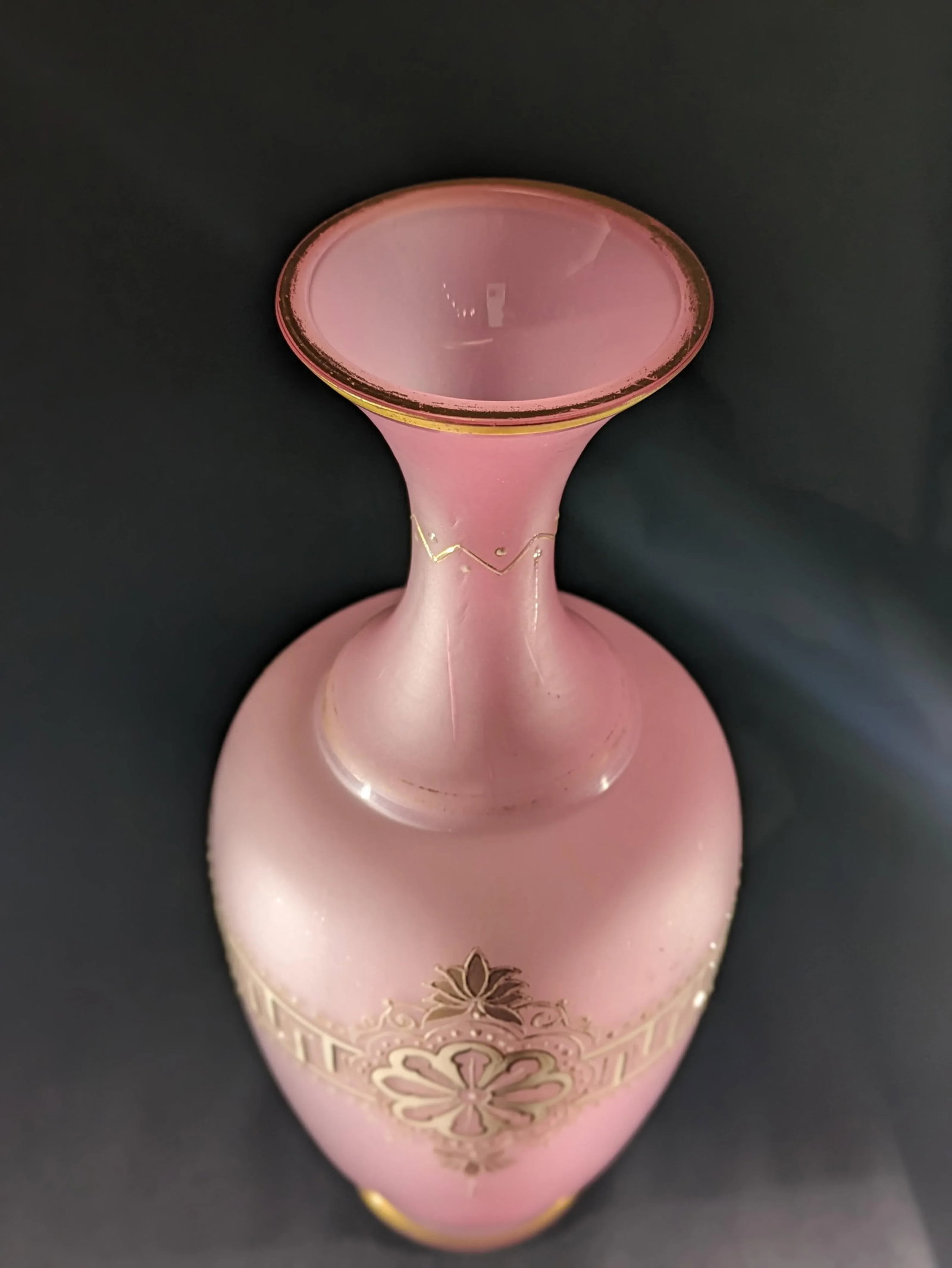Antique Opaline Pink Satin Vase With Hand Painted Gold and Enamel Embellishment - 3