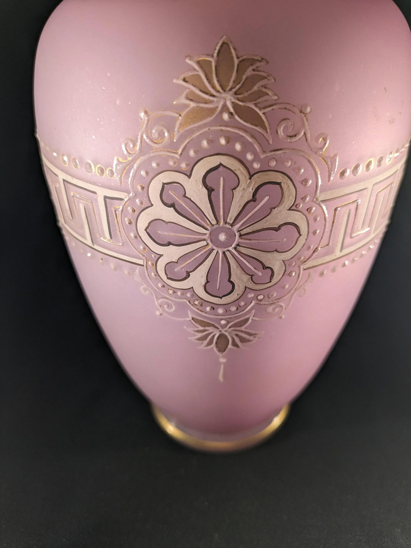 Antique Opaline Pink Satin Vase With Hand Painted Gold and Enamel Embellishment - 7