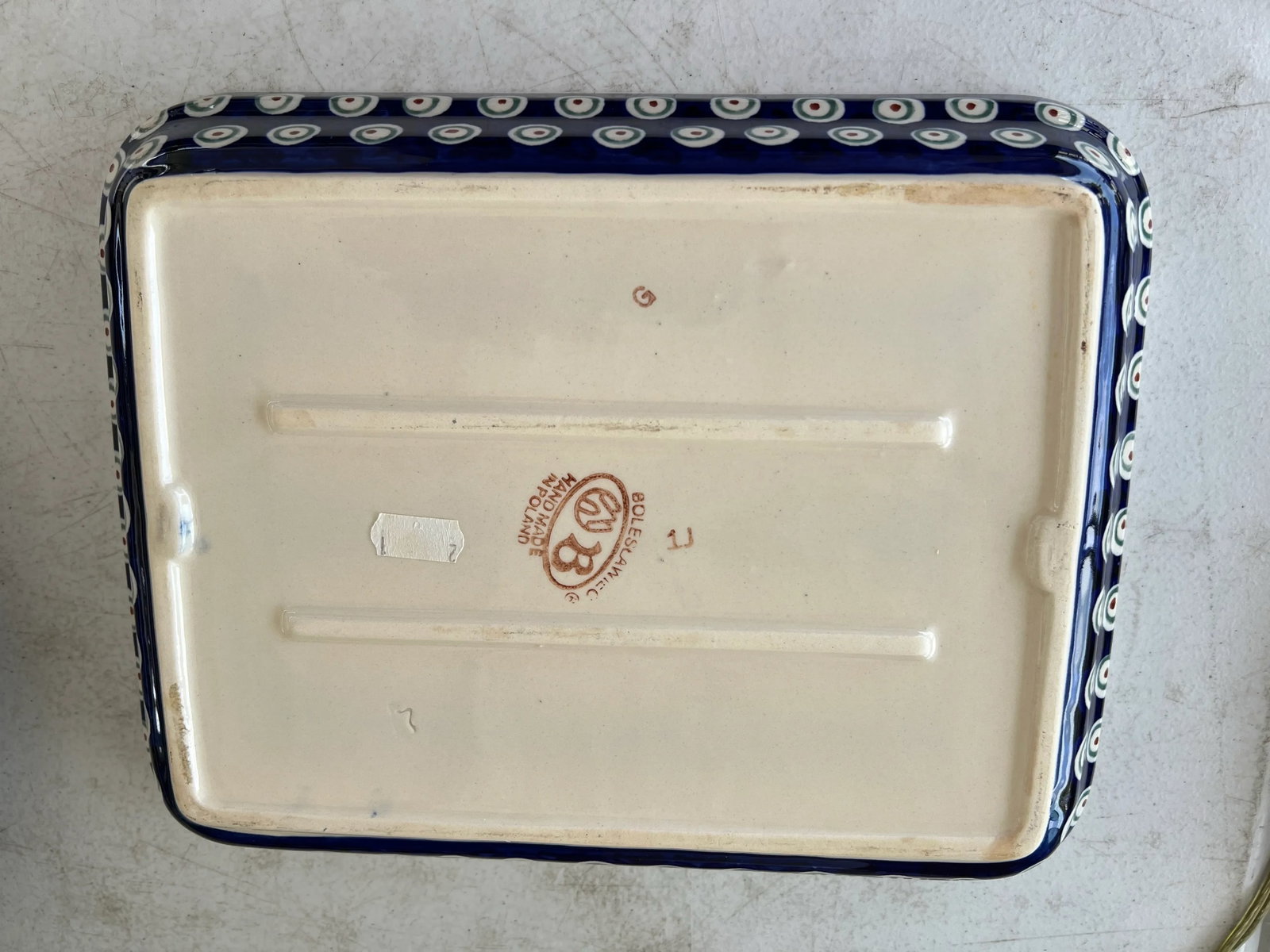 Vintage Boleslawiec Polish Folk Stoneware Pottery Rectangle Blue Peacock Design - 3