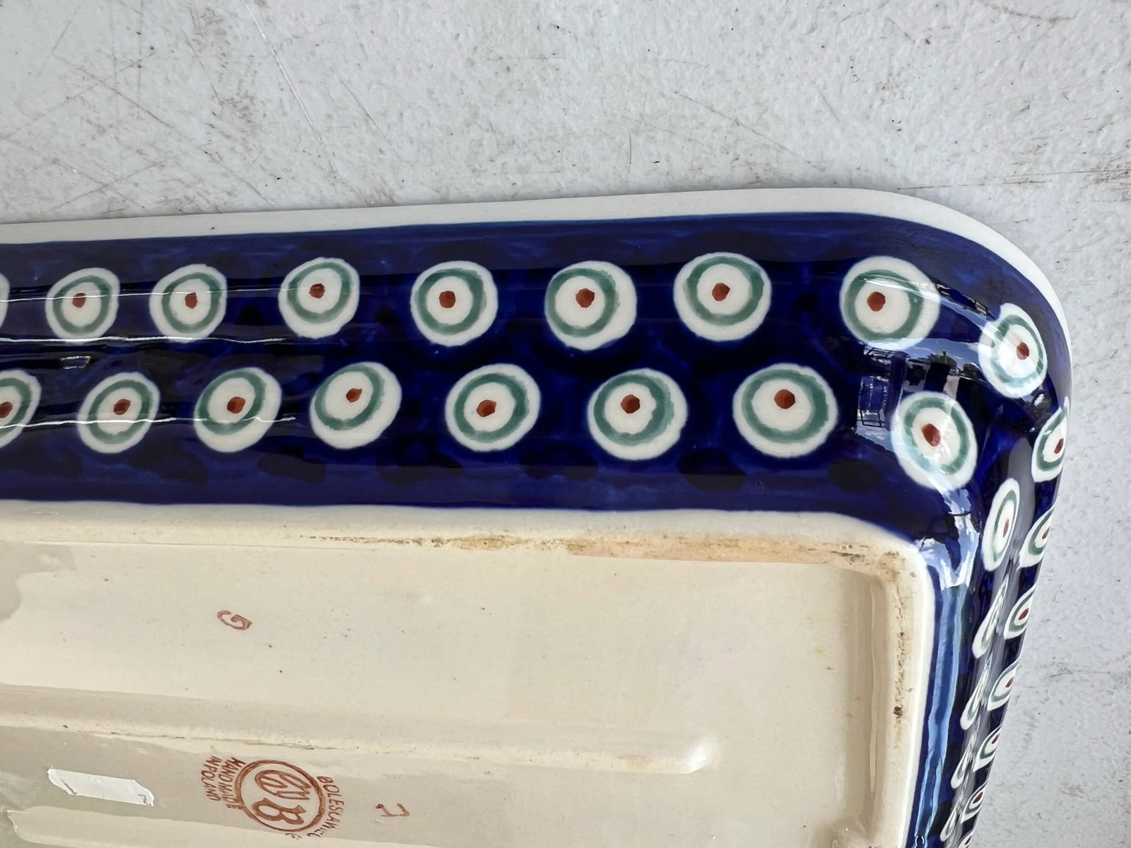 Vintage Boleslawiec Polish Folk Stoneware Pottery Rectangle Blue Peacock Design - 4