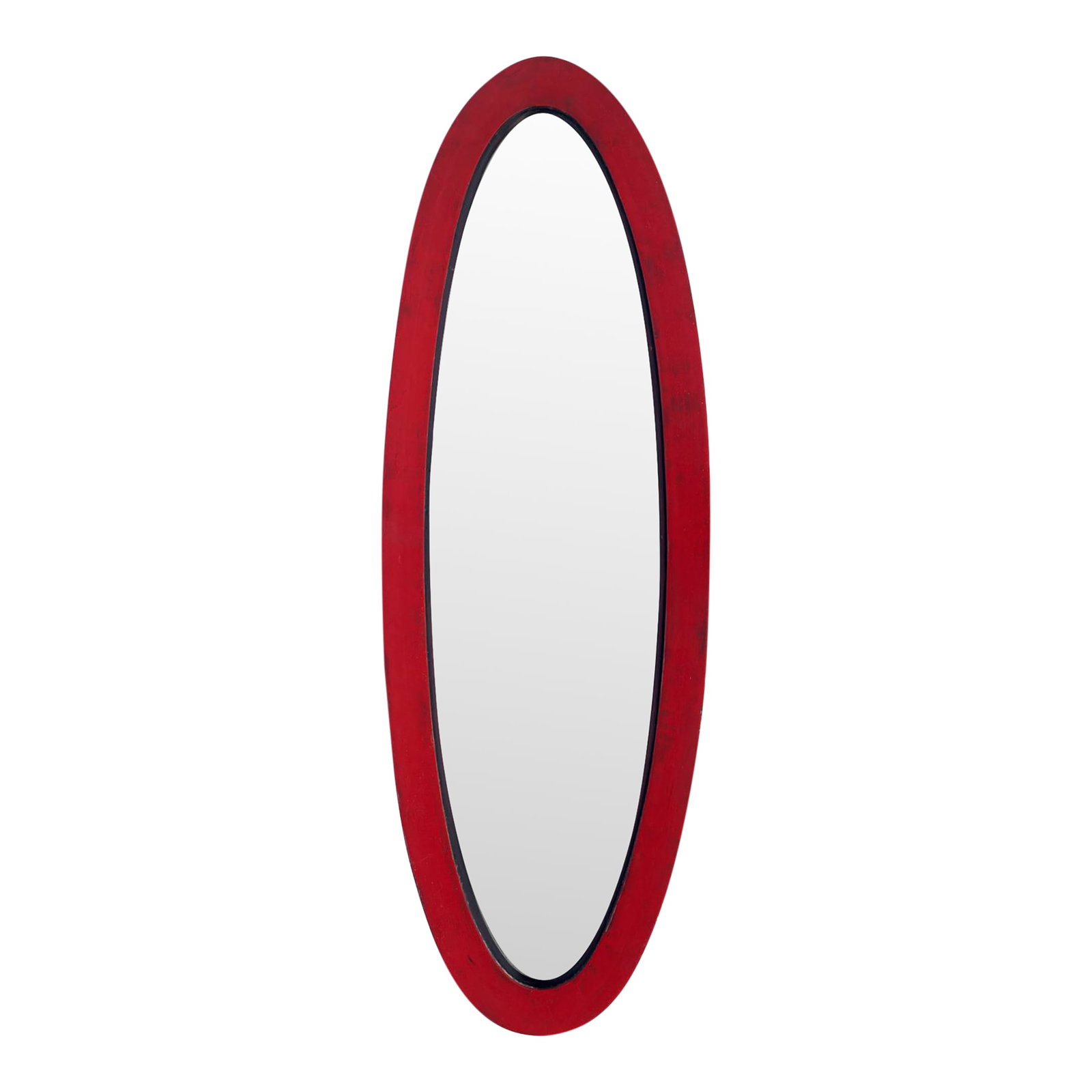 Early 20th Century Slender Oval Beveled Mirror in Ruby Red: Stunning antique mahogany oval beveled mirror in ruby red & natural mahogany. Original beveled glass is in pristine condition. The frame features a hand painted facade in ruby red & natural mahogany
