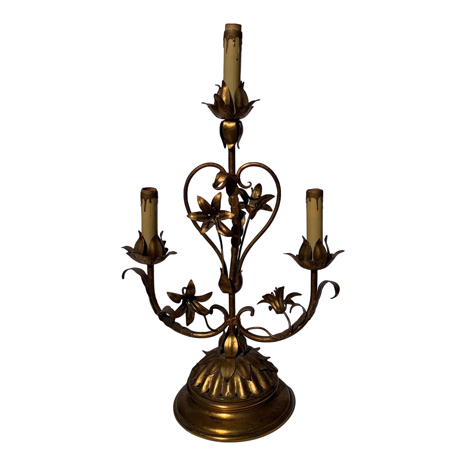 Mid 20th Century Mid-Century Brass 3 Light Floral Desk Lamp: Mid-Century brass desk lamp with 3 candle light sockets and thumb switch. Leaf patterned base with floral light branches. Condition: Alterations: Original Condition Unaltered Imperfections: Some Imper