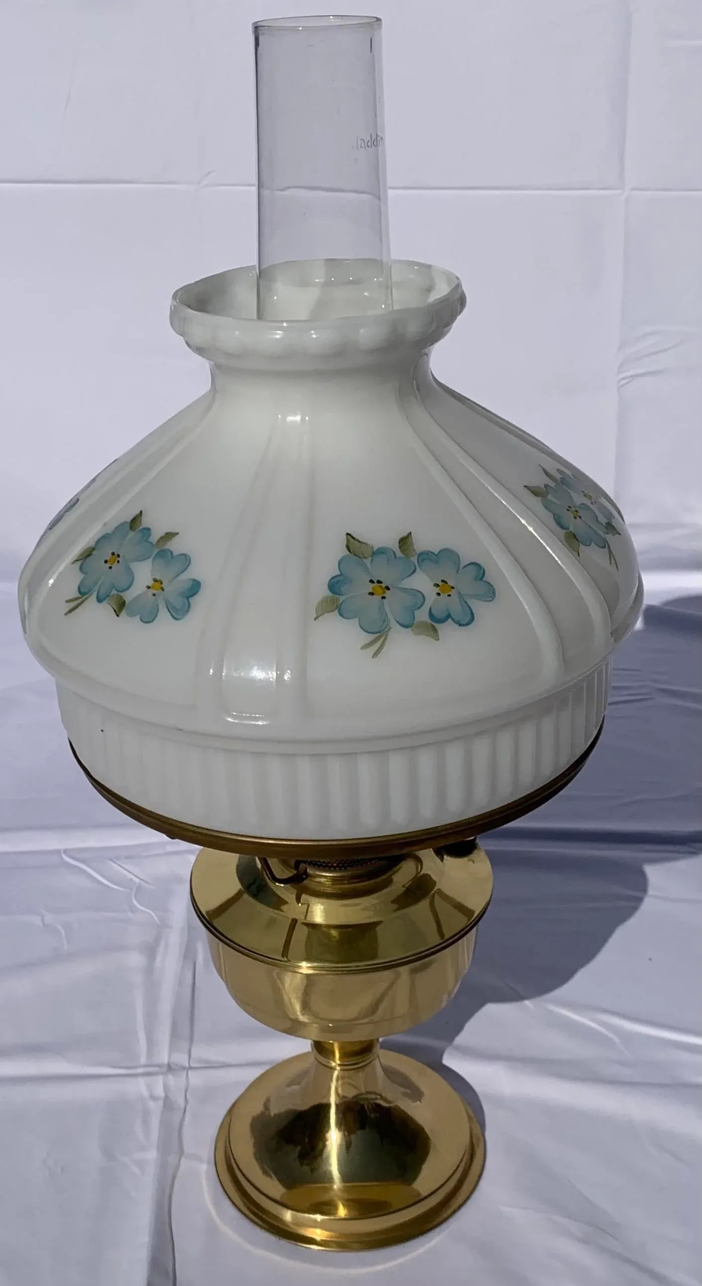 Mid-Century Brass Oil Lamp With Painted Glass Shade - 9