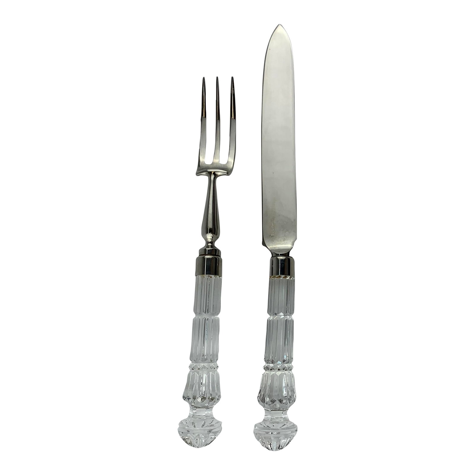 1960s Vintage Cut Crystal and Silver Plate Serving Fork and Knife Set: 1960s vintage Cut Crystal and Silver Plate Serving Fork and Knife set of 2. From the estate of Bob and Dolores Hope, Toluca Lake, California. knife 13' long fork 11' long Condition: Alterations: