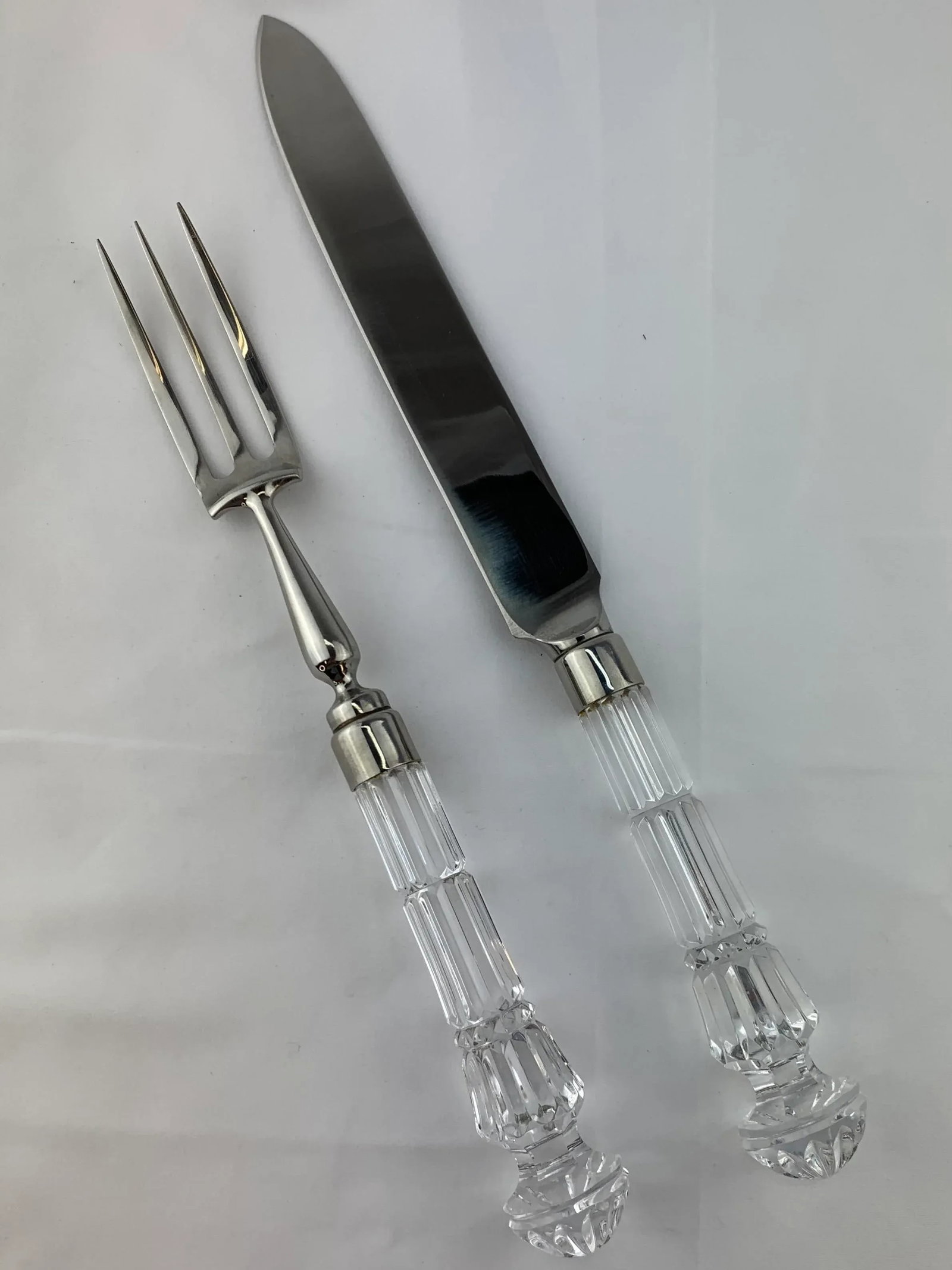1960s Vintage Cut Crystal and Silver Plate Serving Fork and Knife Set - 2