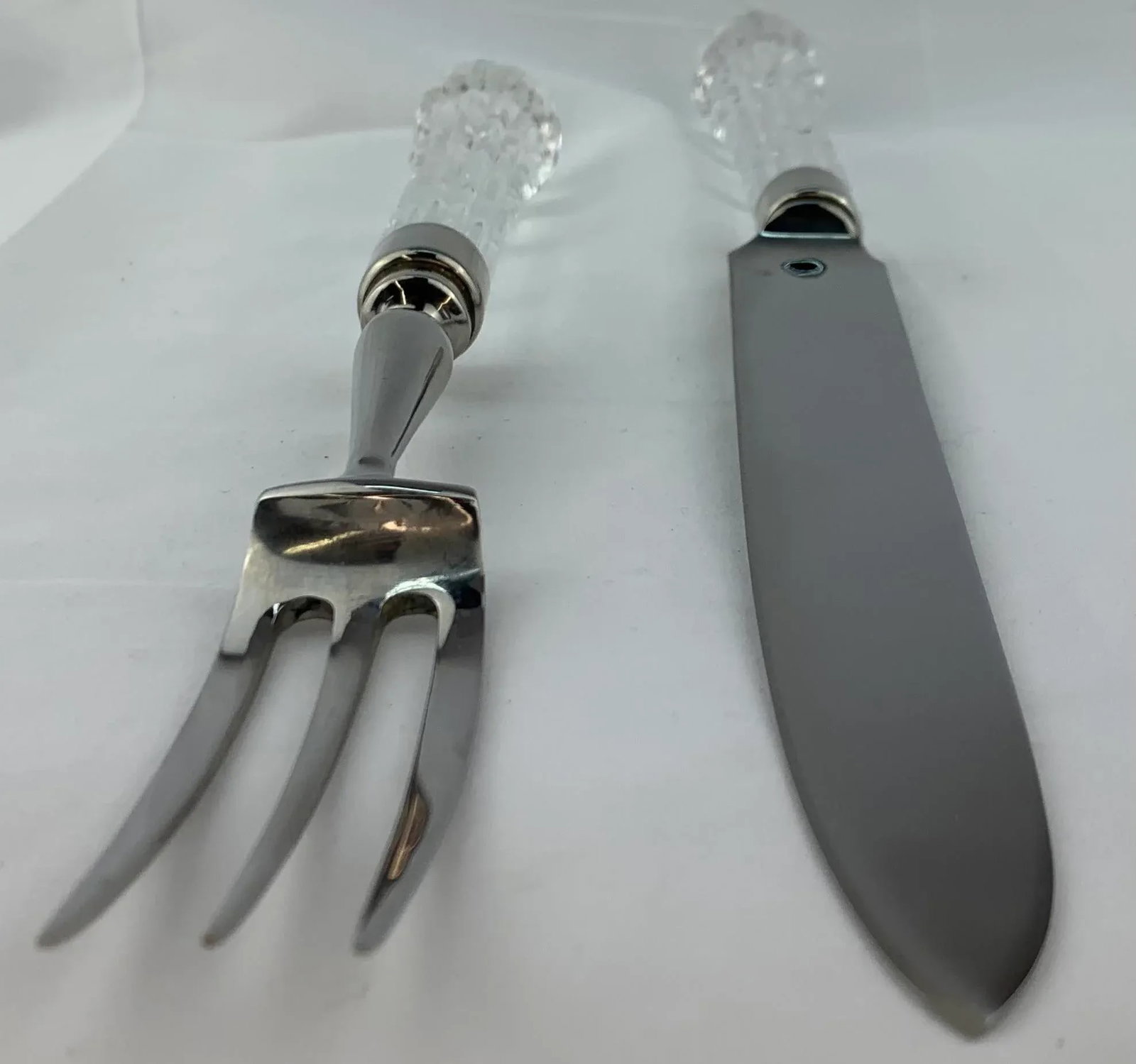 1960s Vintage Cut Crystal and Silver Plate Serving Fork and Knife Set - 3