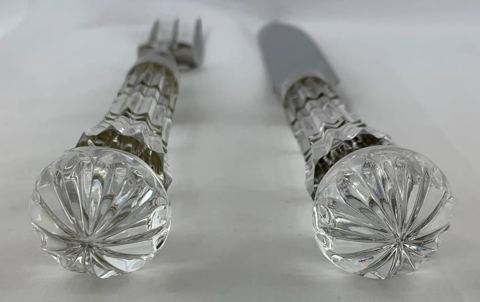 1960s Vintage Cut Crystal and Silver Plate Serving Fork and Knife Set - 4