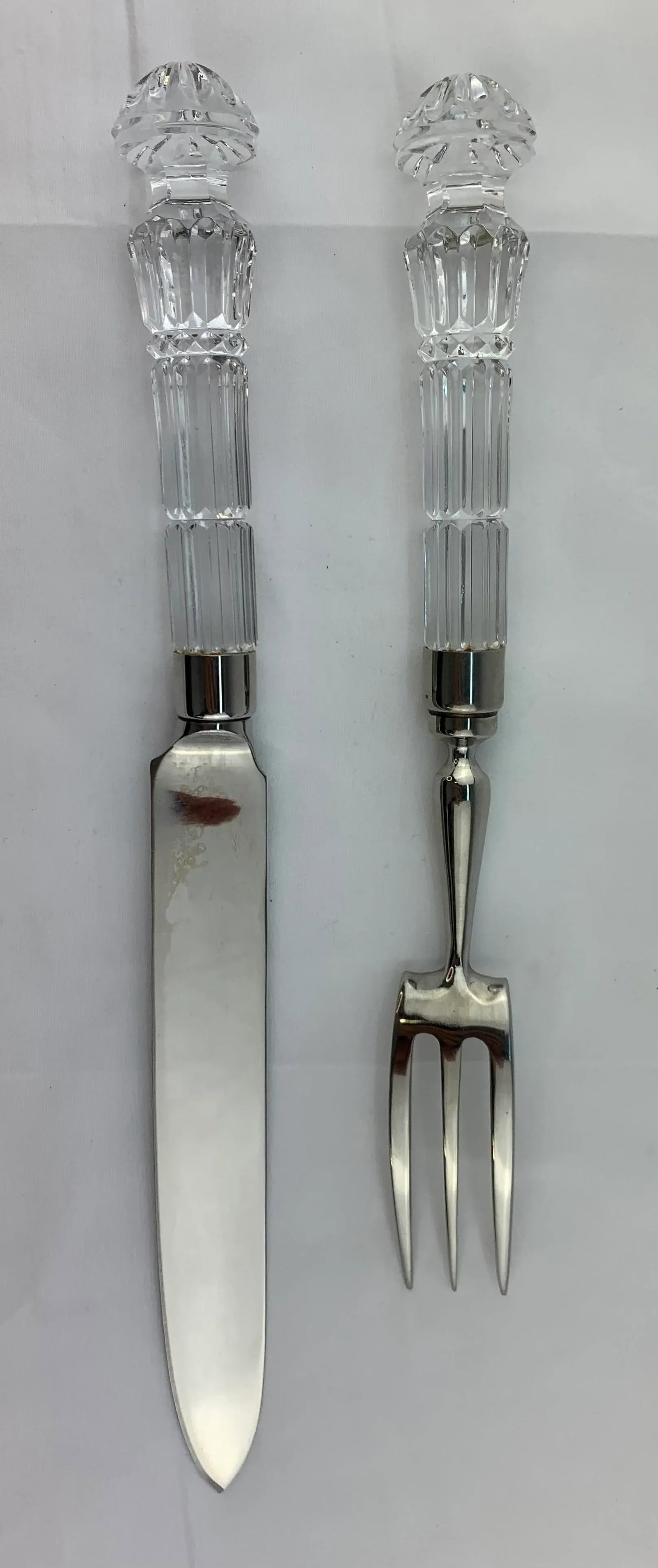 1960s Vintage Cut Crystal and Silver Plate Serving Fork and Knife Set - 6