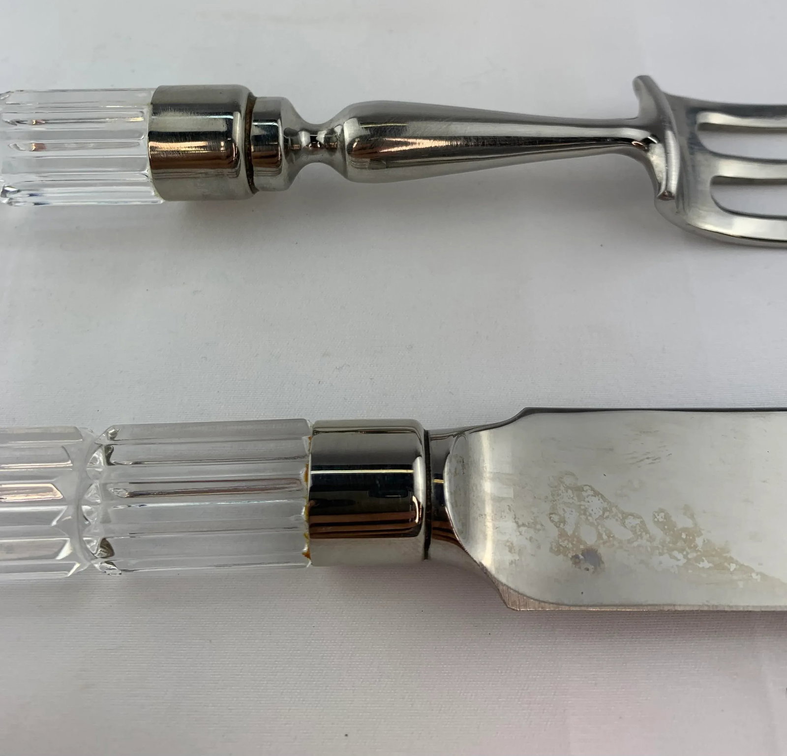 1960s Vintage Cut Crystal and Silver Plate Serving Fork and Knife Set - 7