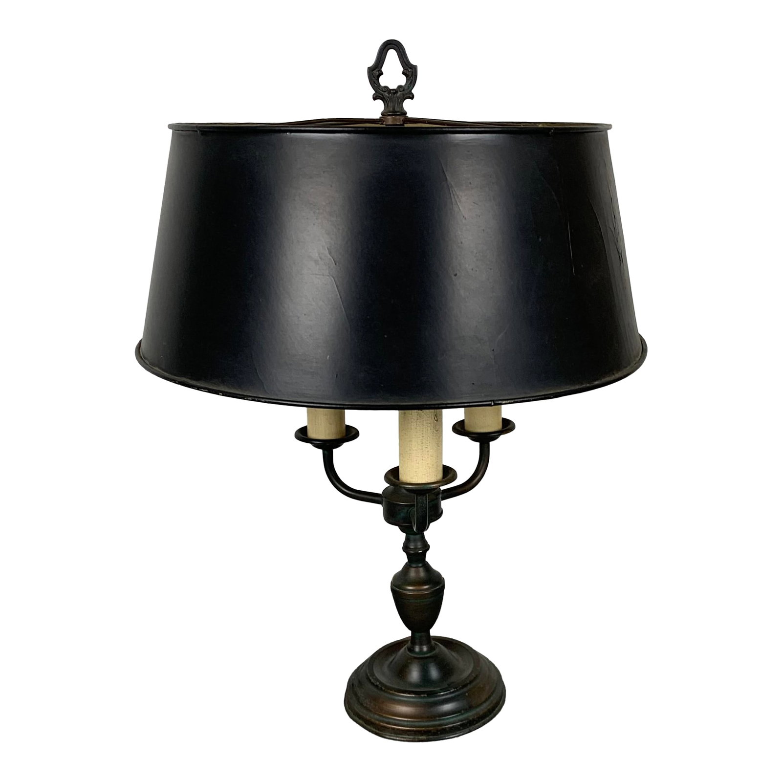 Vintage 3 Candle French Empire-Style Brass Bouillotte Desk Lamp: Vintage 3 candle French Empire-style brass bouillotte desk lamp with black paper shade. From the collection of Bob and Dolores Hope from their estate located in Toluca Lake, California. Condition: Alt