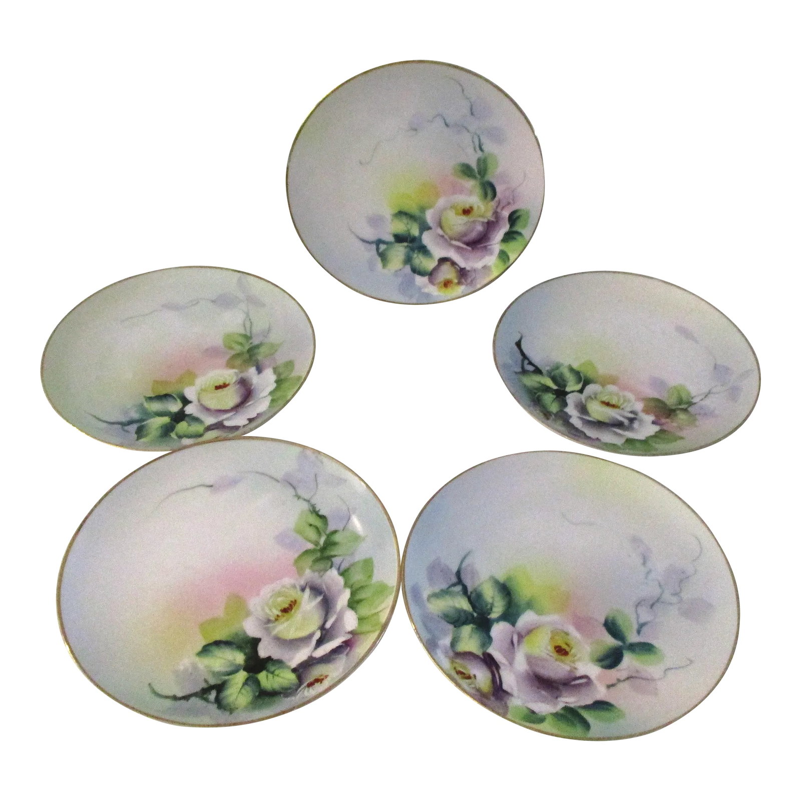 1950s Meito Japanese Hand-Painted Plates - Set of 5: Gorgeous set of five Meito China dessert plates featuring a hand-painted rose motif on face with gold rims. Marked underside" Meito China Hand Painted Made in Japan." Lovely for tableware use or