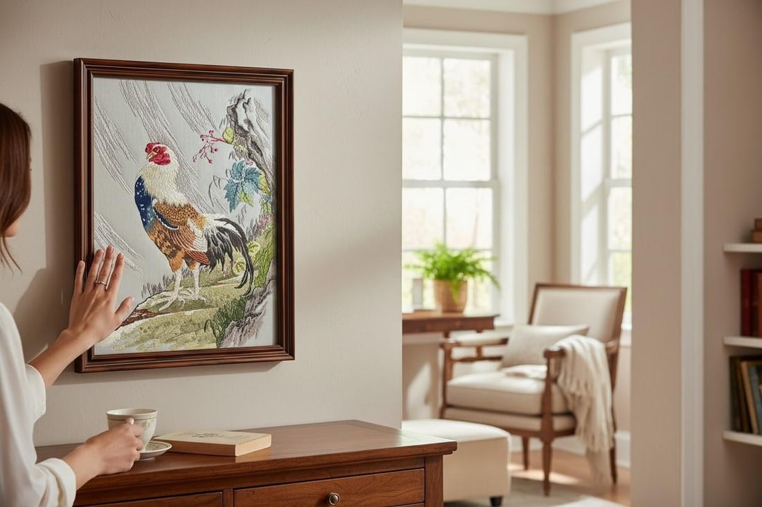 Vintage Bunka Embroidery Rooster Art-Framed-Japanese Punch Needlework-Textile - 10
