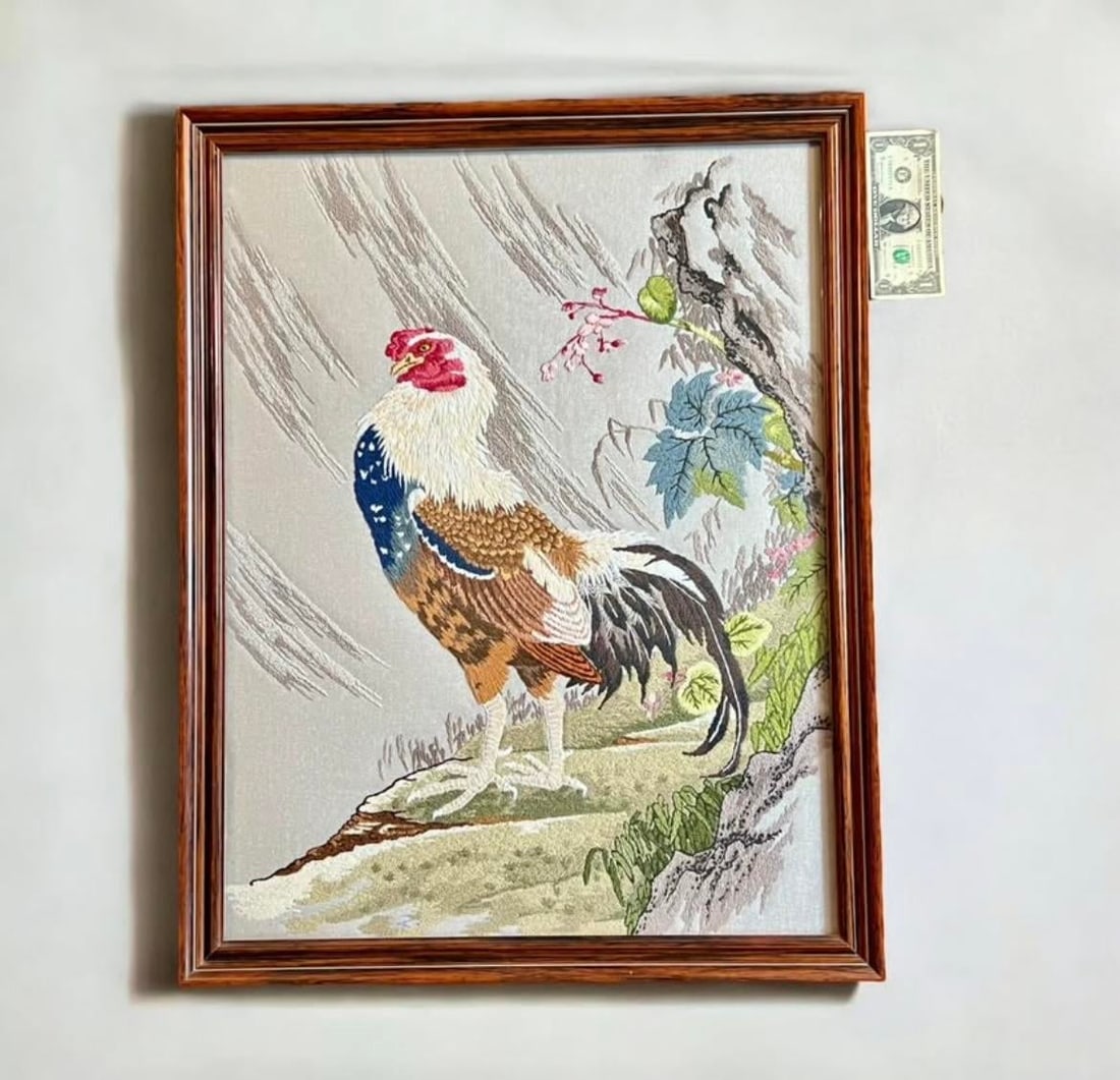 Vintage Bunka Embroidery Rooster Art-Framed-Japanese Punch Needlework-Textile - 11