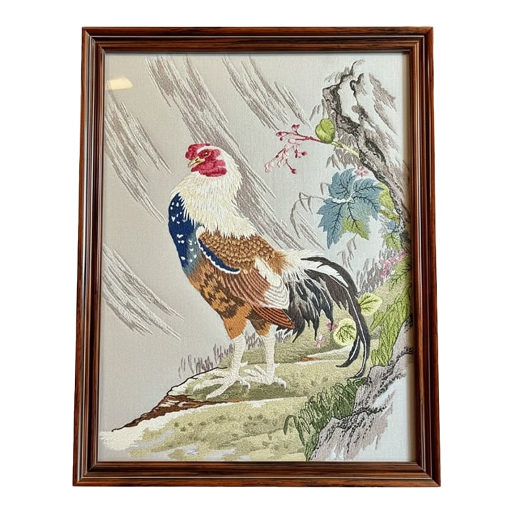 Vintage Bunka Embroidery Rooster Art-Framed-Japanese Punch Needlework-Textile: A distinguished example of mid-century bunka shishu, this hand-worked rooster embroidery comes from a private North Carolina collection dedicated to traditional Japanese bird studies. Bunka-developed