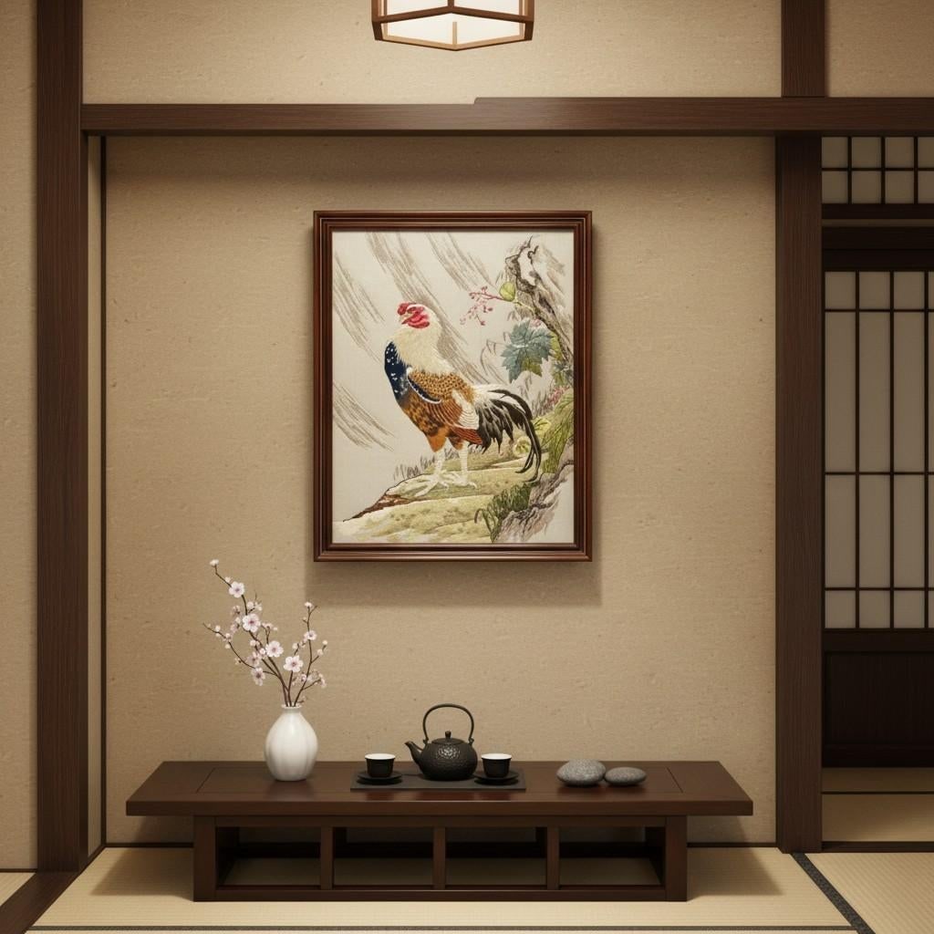 Vintage Bunka Embroidery Rooster Art-Framed-Japanese Punch Needlework-Textile - 2