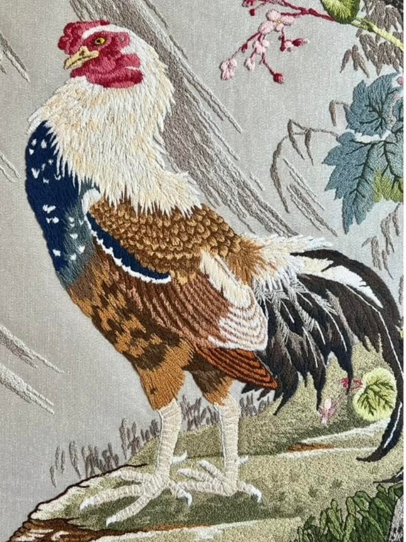 Vintage Bunka Embroidery Rooster Art-Framed-Japanese Punch Needlework-Textile - 3