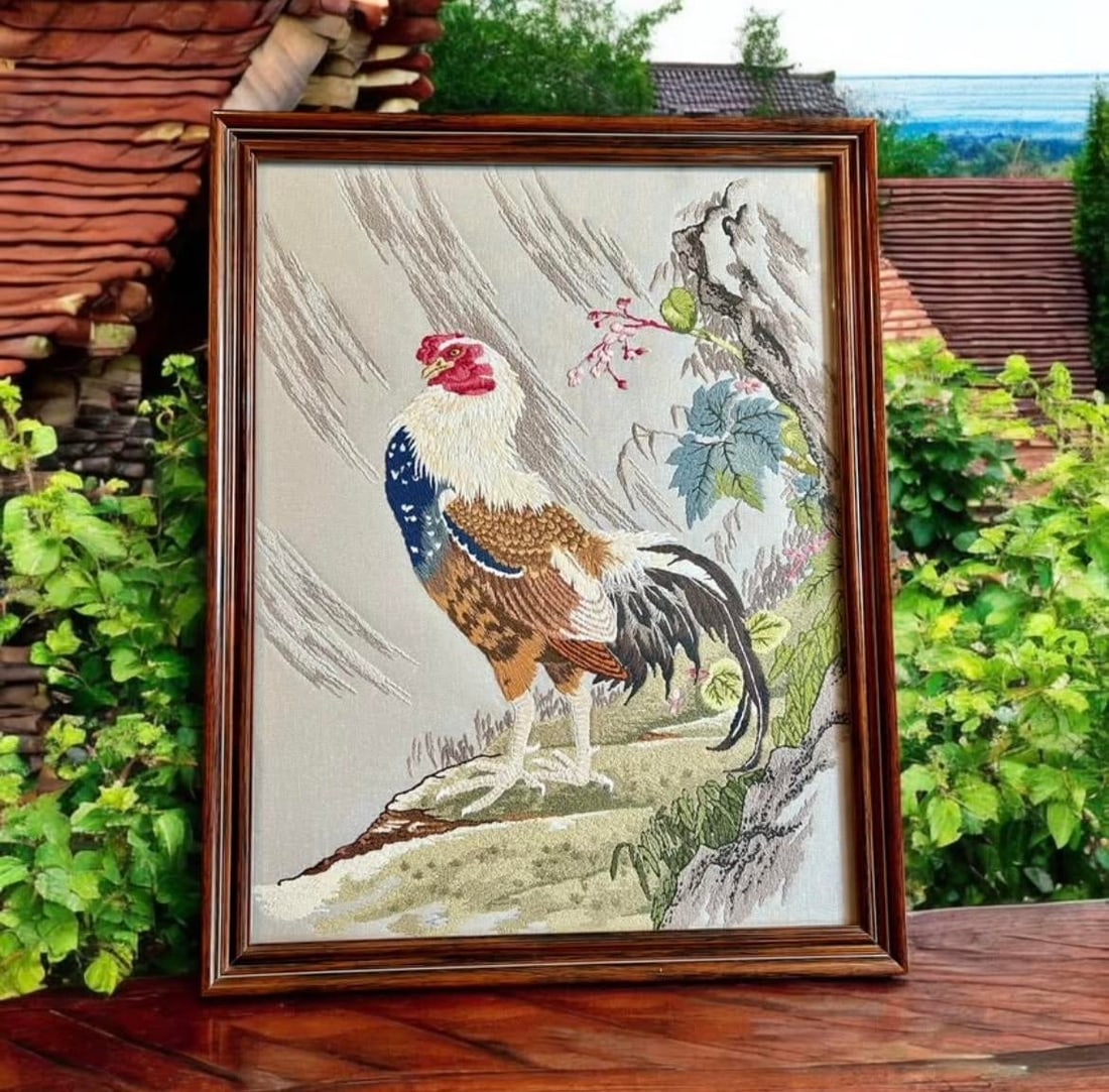 Vintage Bunka Embroidery Rooster Art-Framed-Japanese Punch Needlework-Textile - 5