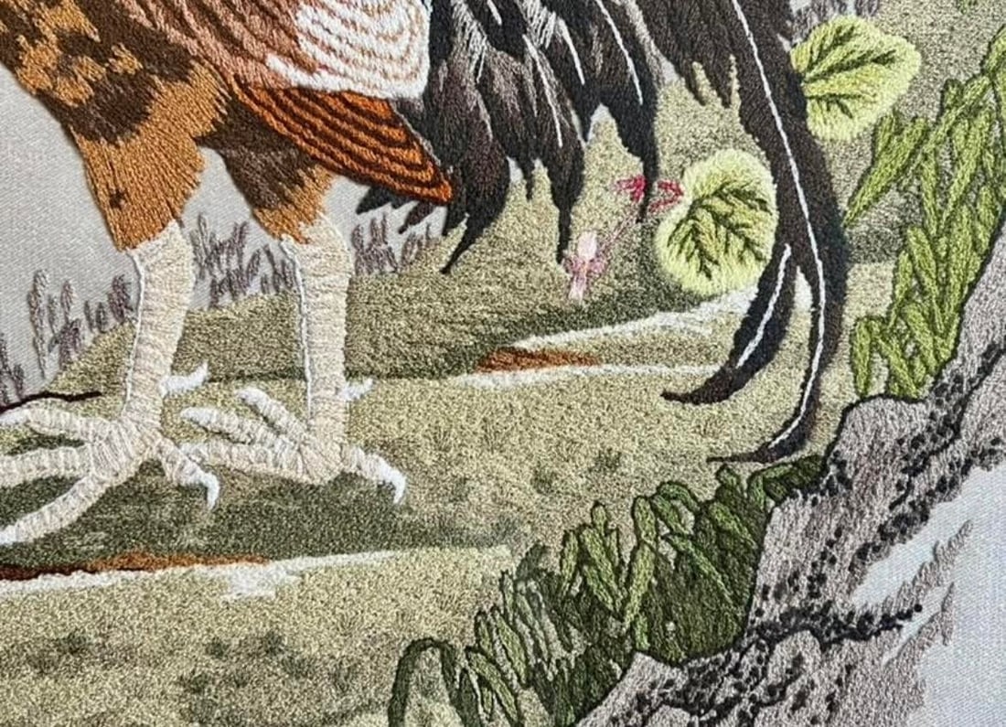 Vintage Bunka Embroidery Rooster Art-Framed-Japanese Punch Needlework-Textile - 6