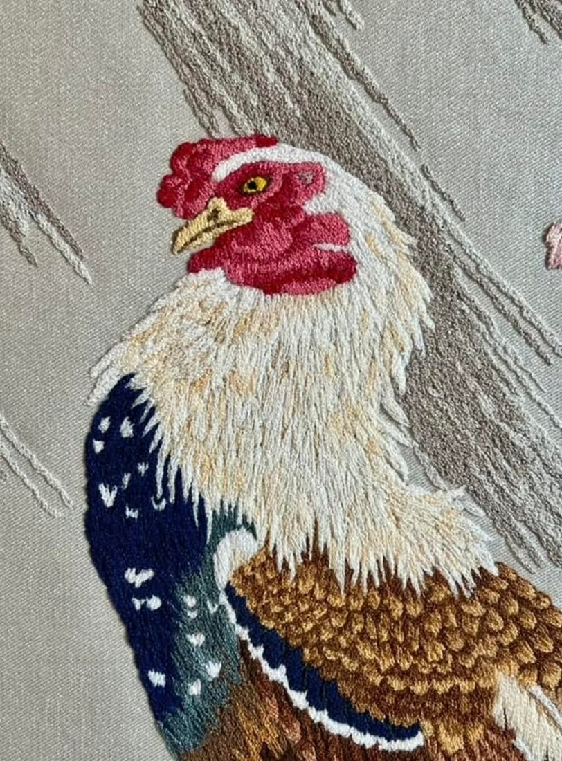 Vintage Bunka Embroidery Rooster Art-Framed-Japanese Punch Needlework-Textile - 7