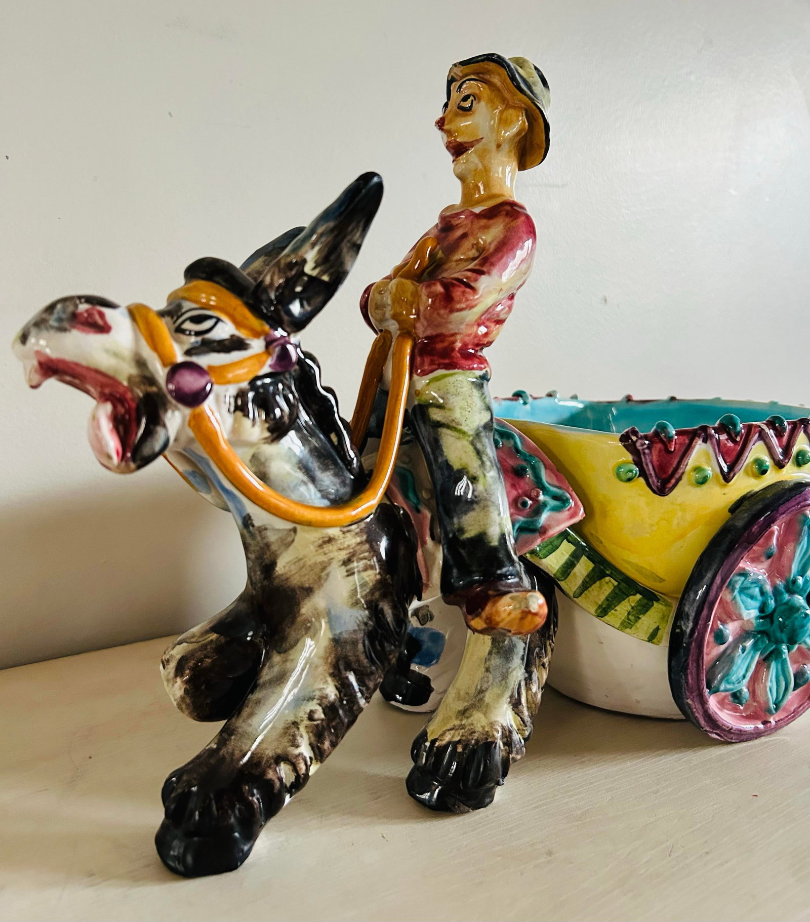 Vintage Man on Donkey With Cart Glazed Pottery Large Planter Made in Italy - 10