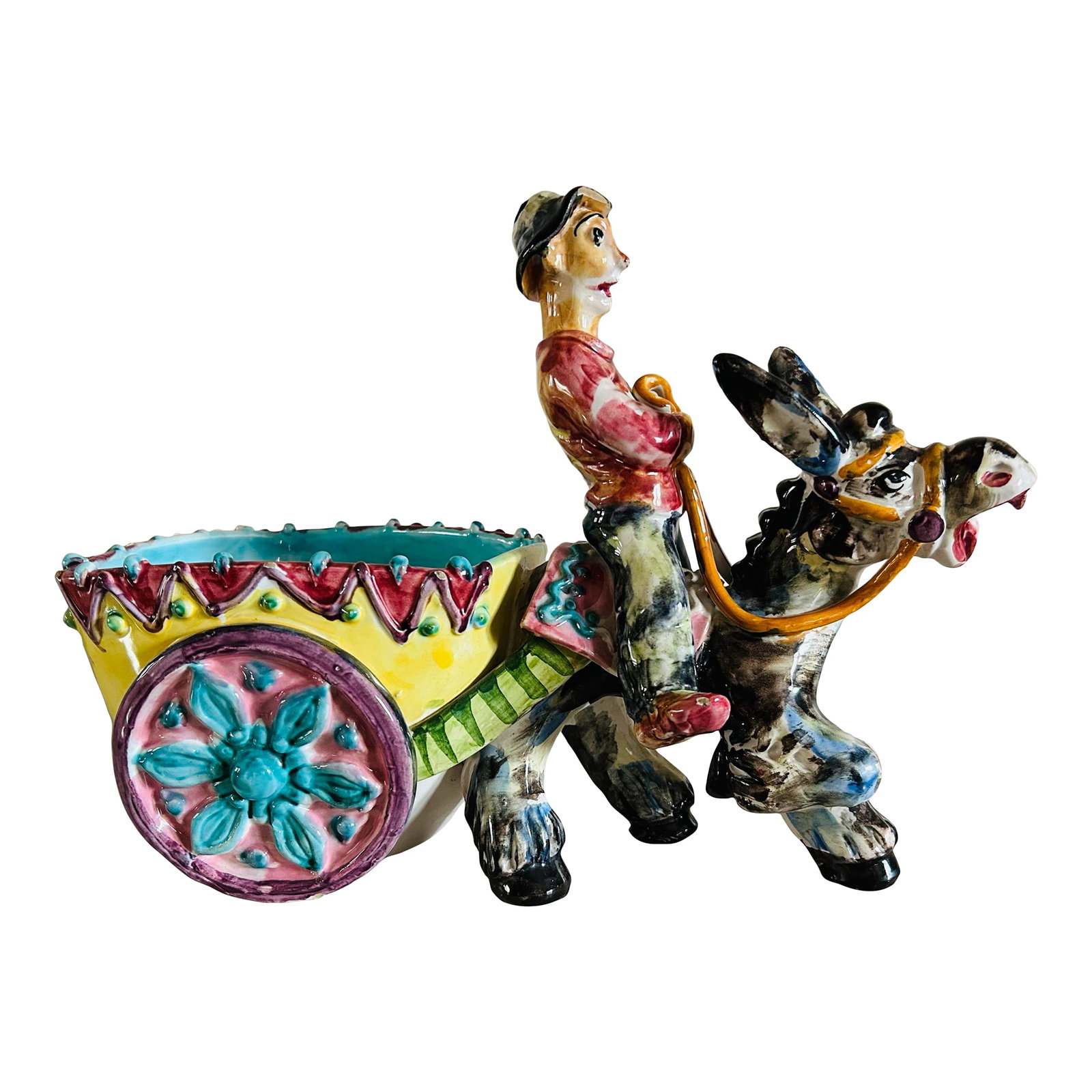 Vintage Man on Donkey With Cart Glazed Pottery Large Planter Made in Italy: Vintage, Italian made, glazed pottery, large planter featuring a man on donkey pulling a cart. Hand made and hand painted. Condition: Alterations: Original Condition Unaltered Imperfections: Some Impe