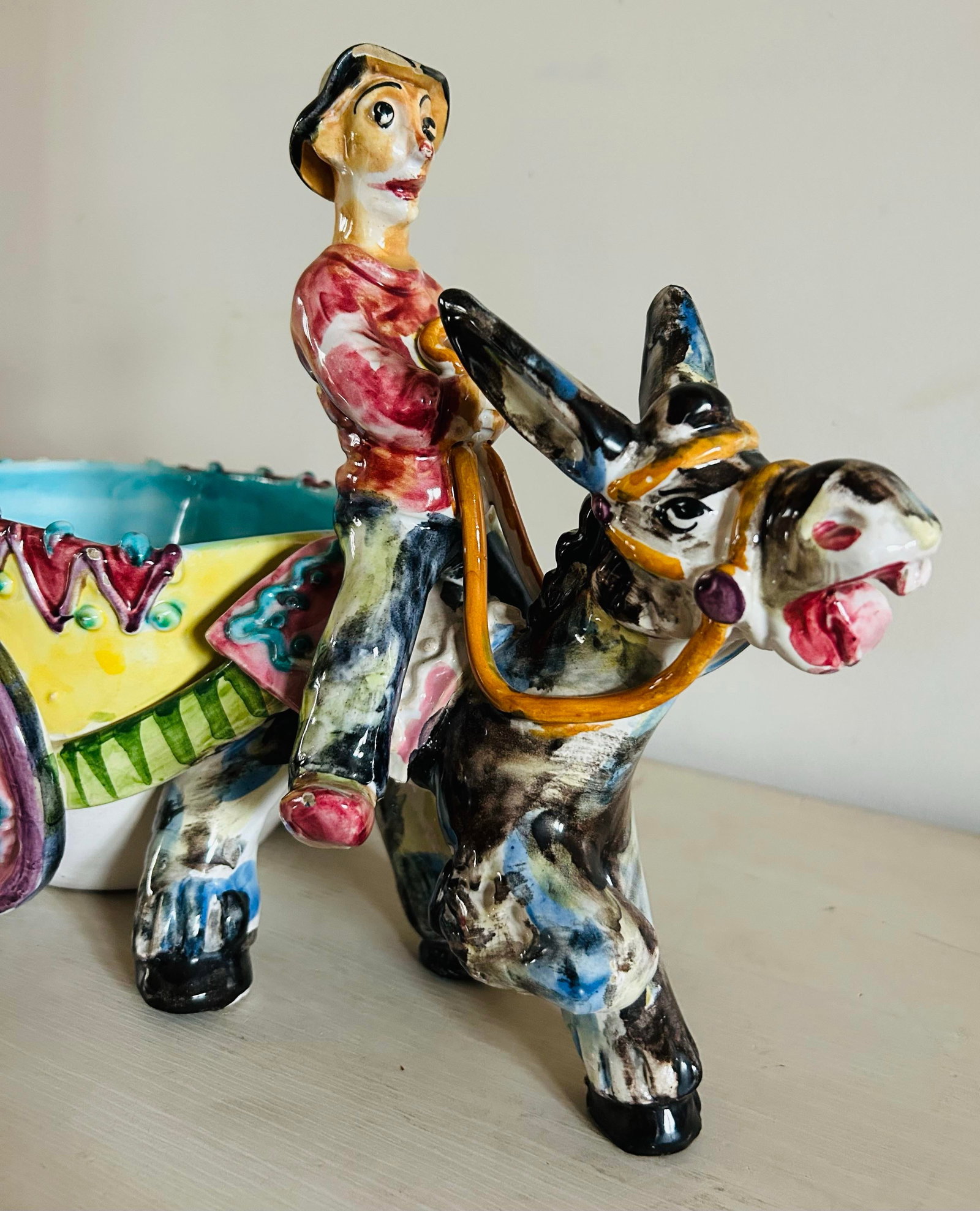 Vintage Man on Donkey With Cart Glazed Pottery Large Planter Made in Italy - 2
