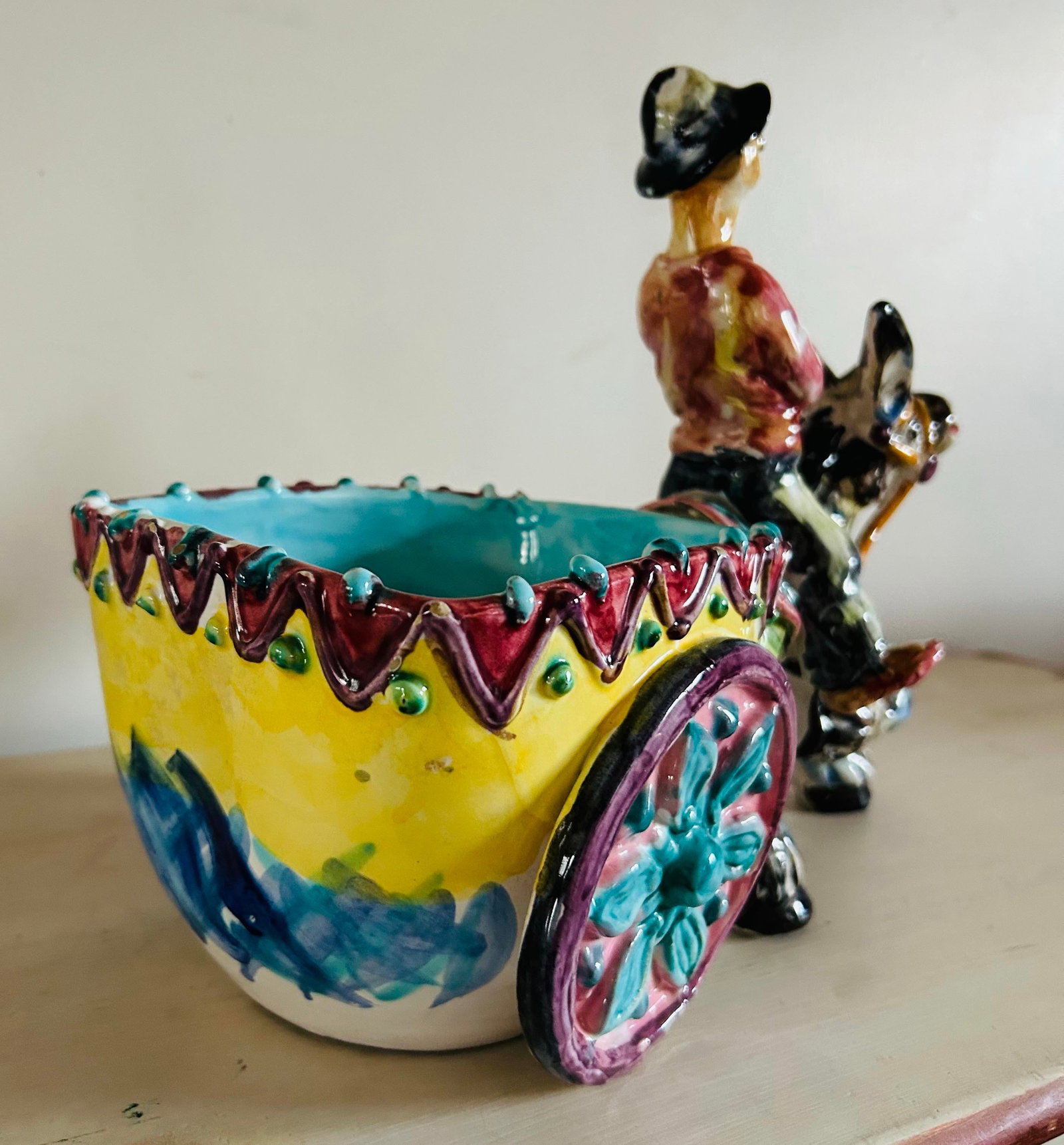 Vintage Man on Donkey With Cart Glazed Pottery Large Planter Made in Italy - 3