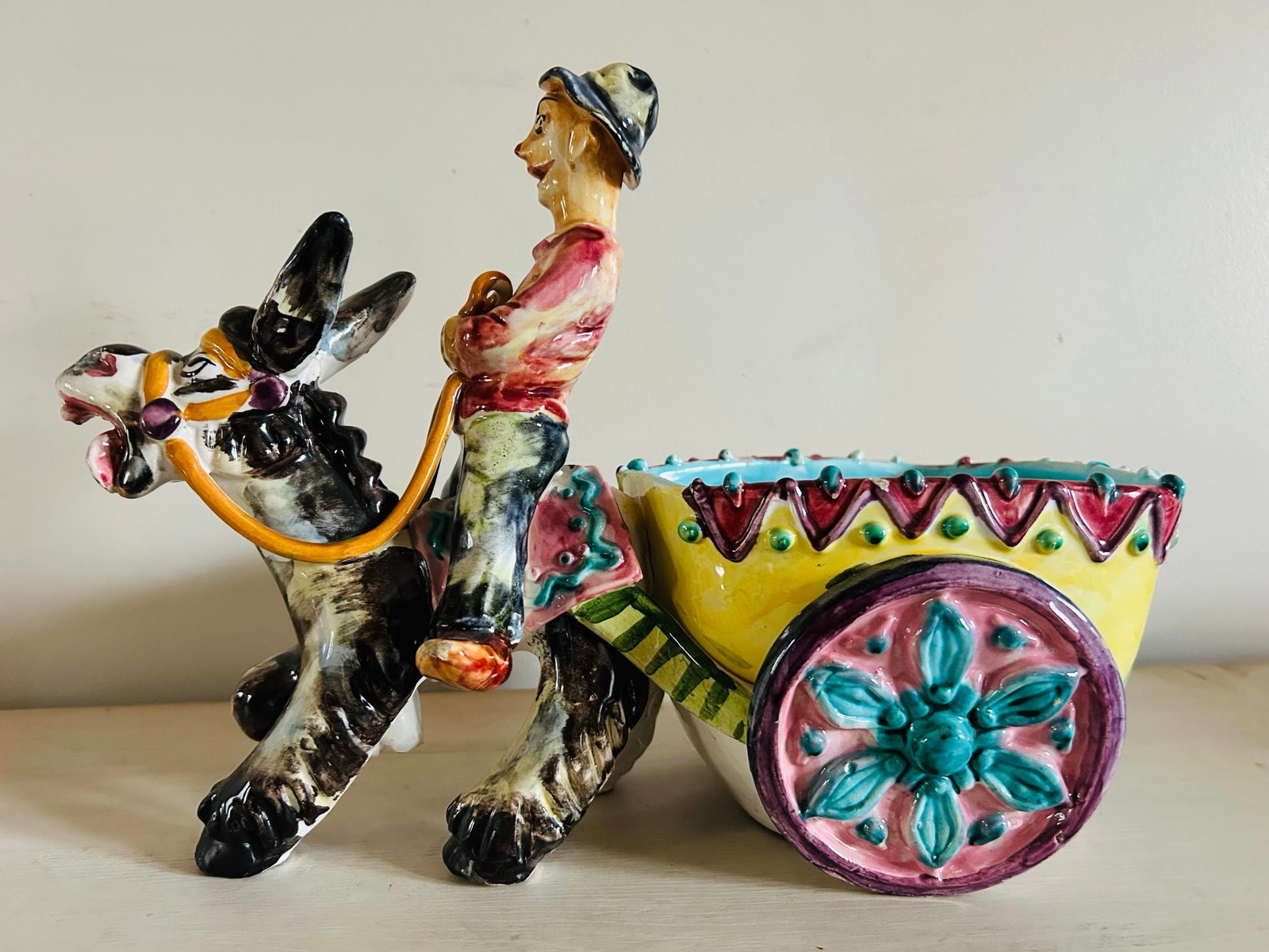 Vintage Man on Donkey With Cart Glazed Pottery Large Planter Made in Italy - 4
