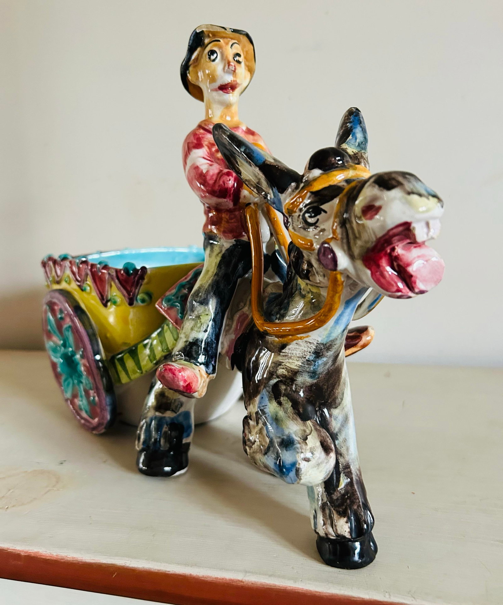 Vintage Man on Donkey With Cart Glazed Pottery Large Planter Made in Italy - 5