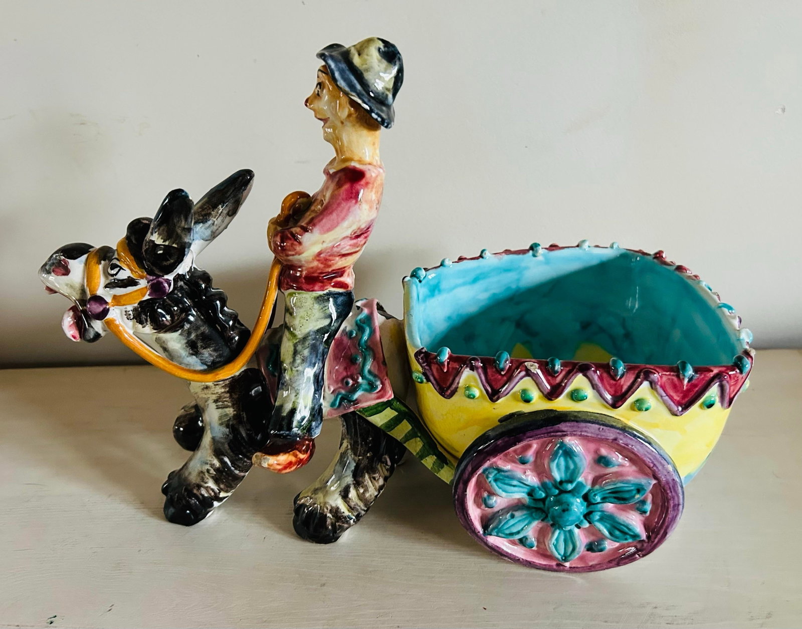 Vintage Man on Donkey With Cart Glazed Pottery Large Planter Made in Italy - 7