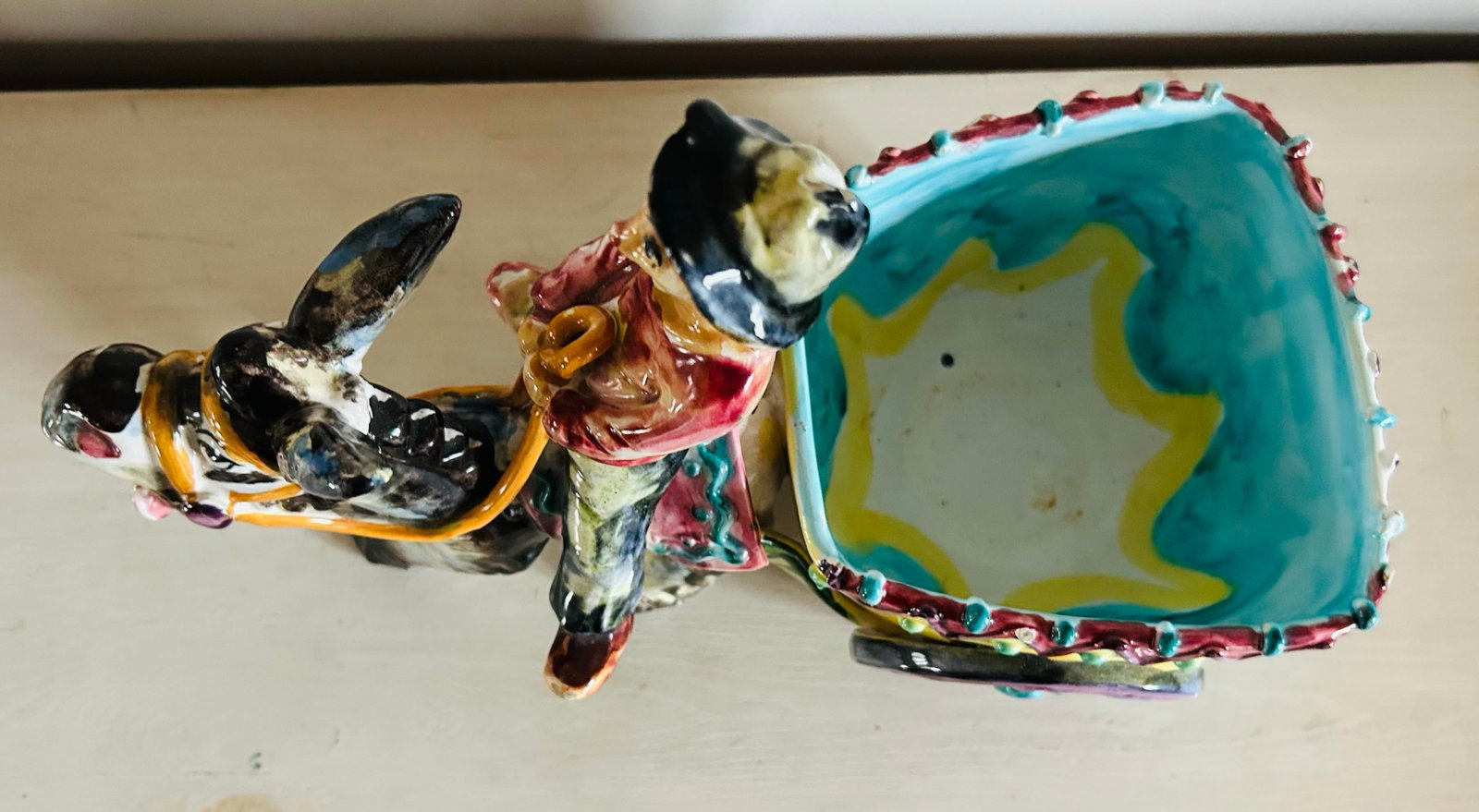 Vintage Man on Donkey With Cart Glazed Pottery Large Planter Made in Italy - 8