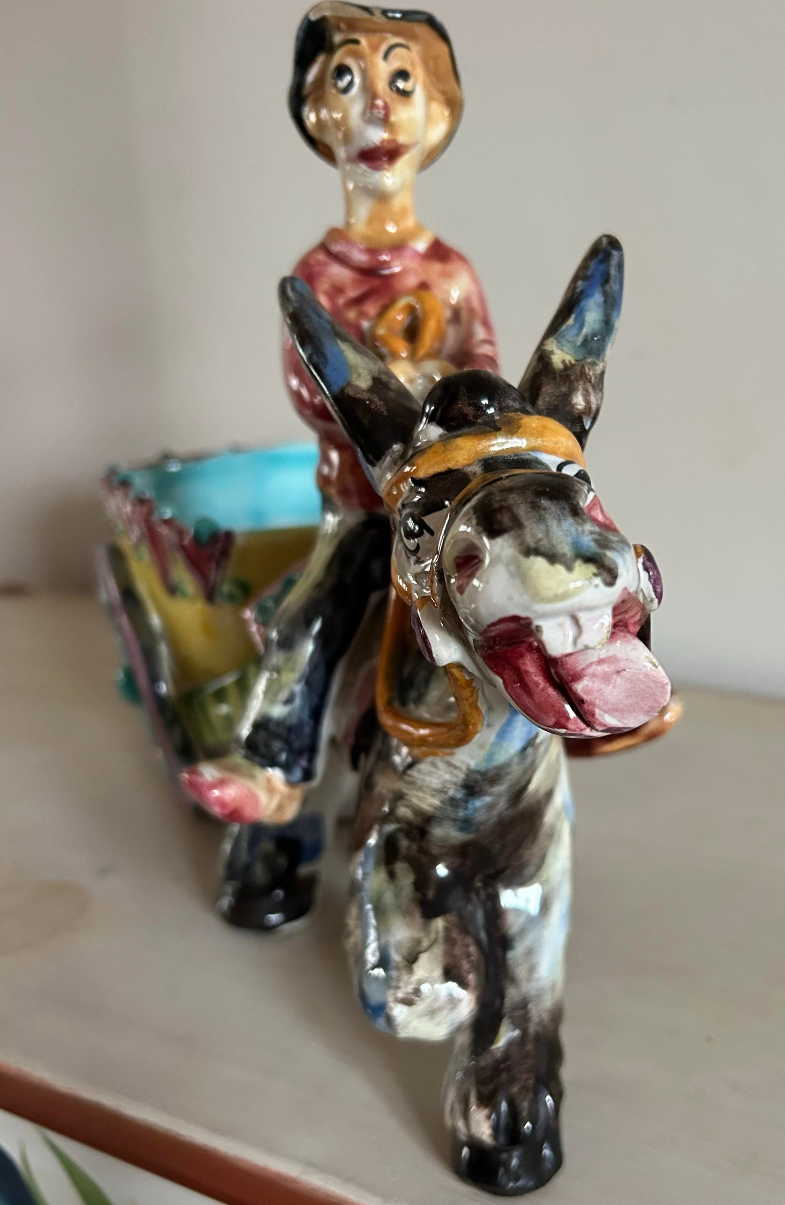 Vintage Man on Donkey With Cart Glazed Pottery Large Planter Made in Italy - 9