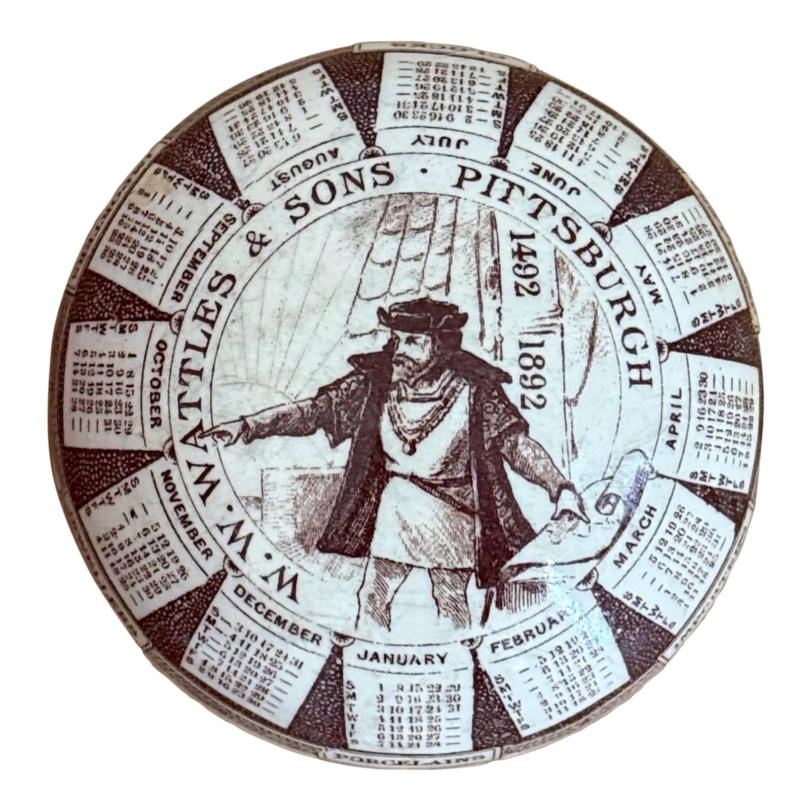 1892 Antique Ceramic Calendar Paperweight W. W. Wattles & Sons Pittsburgh g.d. Paris Depose: Antique ceramic advertising calendar paperweight made in France and marked G.D. Paris Depose for Georges Dreyfus on the base. This example was produced for W. W. Wattles & Sons - a prominent jeweler