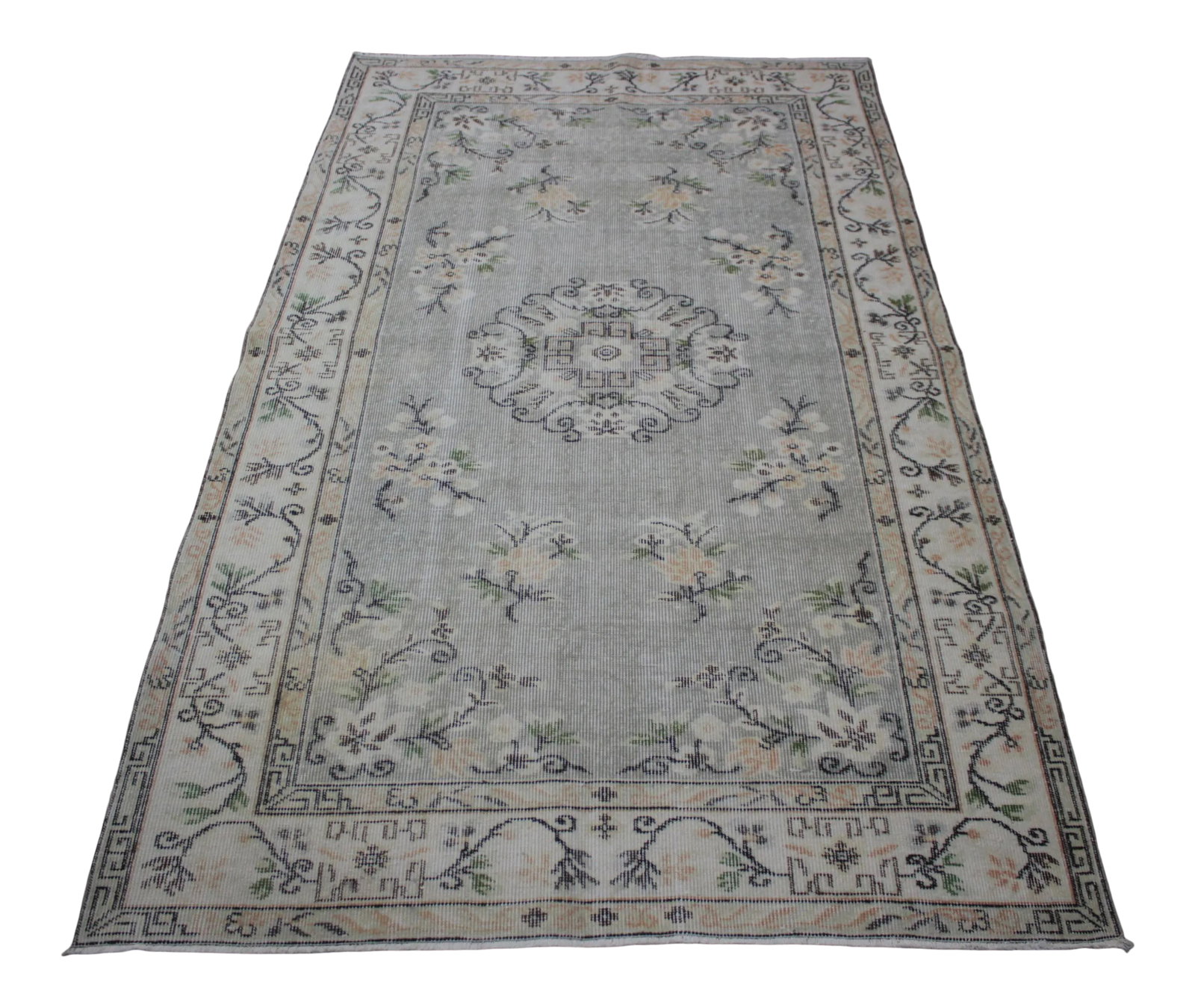 1970s Vintage Handmade Floral Design Oriental Cappadocia Turkish Area Rug: Handmade Oushak Vintage Distressed Turkish Rug Size: 4.4 x 7.7 ft - 134 x 234 cm - 53 x 92 inches Color: Organic Natural Dye ( Light Blue, White, Green, Cream ) Material: 100% Hand Spun Organic Wool C