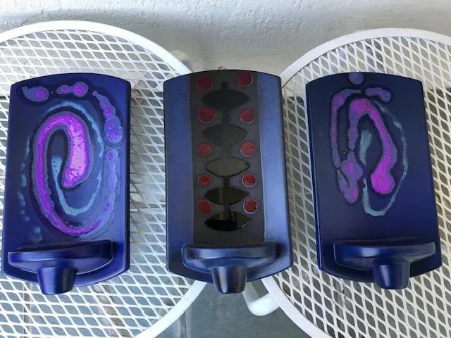 1960s Knabstrup Danish Modern Pottery Candle Wall Sconces in Blue and Purple - Set of 3 - 11