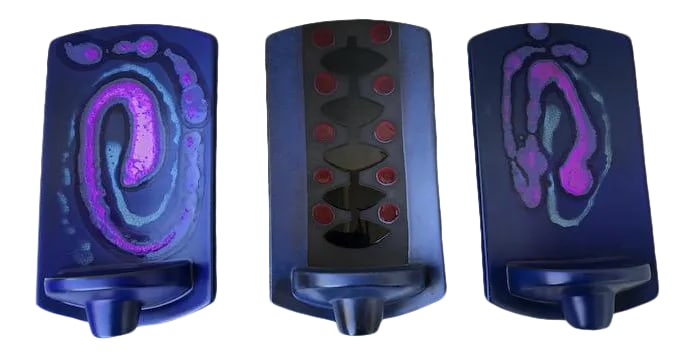 1960s Knabstrup Danish Modern Pottery Candle Wall Sconces in Blue and Purple - Set of 3: 3 Colorful vintage 3 Knabstrup Danish Modern Pottery Candle Wall Sconces in vibrant blue and purple. All 3 marked and also have original label. Condition: Alterations: Original Condition Unaltered