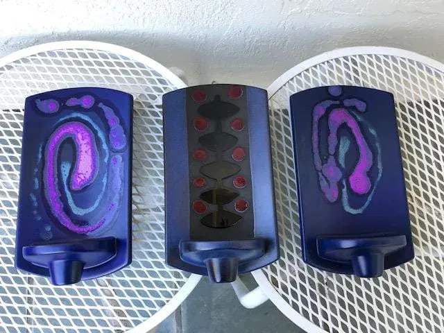 1960s Knabstrup Danish Modern Pottery Candle Wall Sconces in Blue and Purple - Set of 3 - 2
