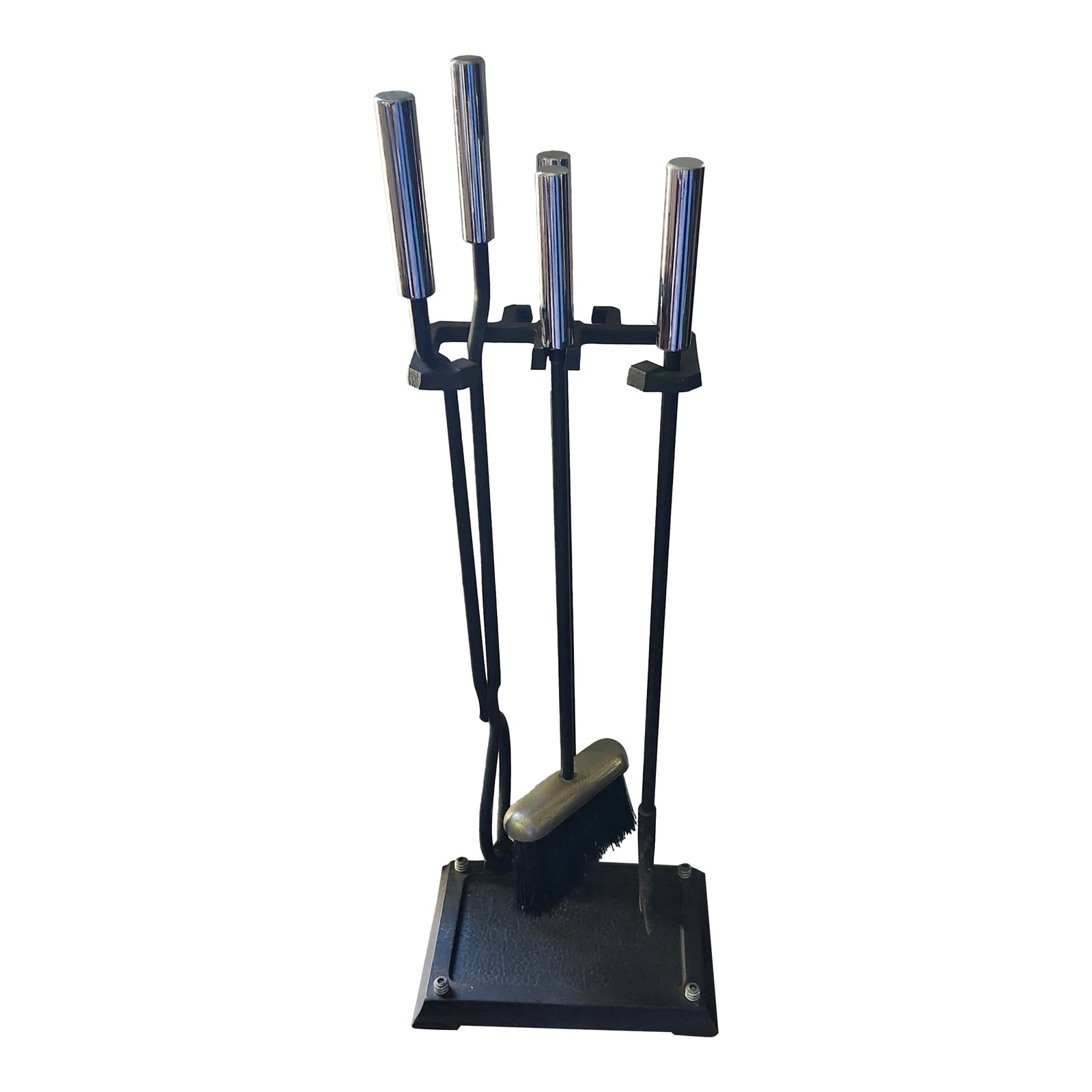 Early 21st Century Fireplace Tools Black With Chrome Handles: This four-piece black metal fireplace tool set with chrome handles provides a modern addition to any fireplace. Includes brush, poker, and tong. Condition: Alterations: Original Condition Unaltered Im
