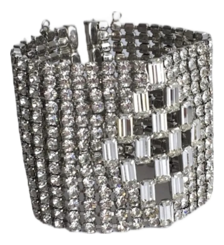 Vintage Rhinestone Bracelet Extra Wide Statement Piece Designer Runway Style 2.25" Wide Estate Jewel: An spectacular vintage rhinestone bracelet, this is an extra wide show stopper runway piece! Would be amazing for a wedding or formal event. You don't see this size often so don't miss out on this fab