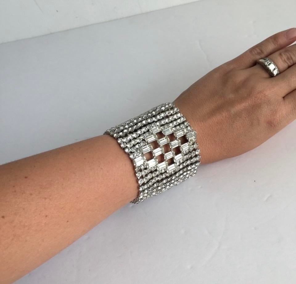 Vintage Rhinestone Bracelet Extra Wide Statement Piece Designer Runway Style 2.25" Wide Estate Jewel - 2