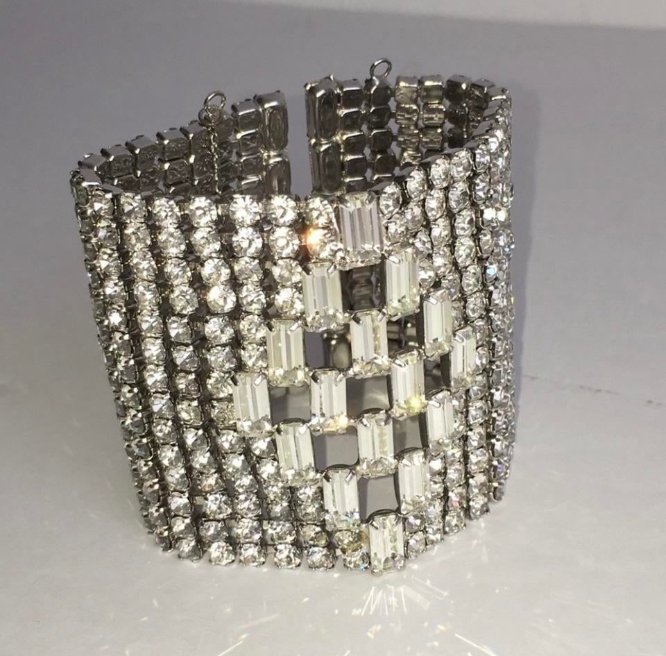 Vintage Rhinestone Bracelet Extra Wide Statement Piece Designer Runway Style 2.25" Wide Estate Jewel - 8