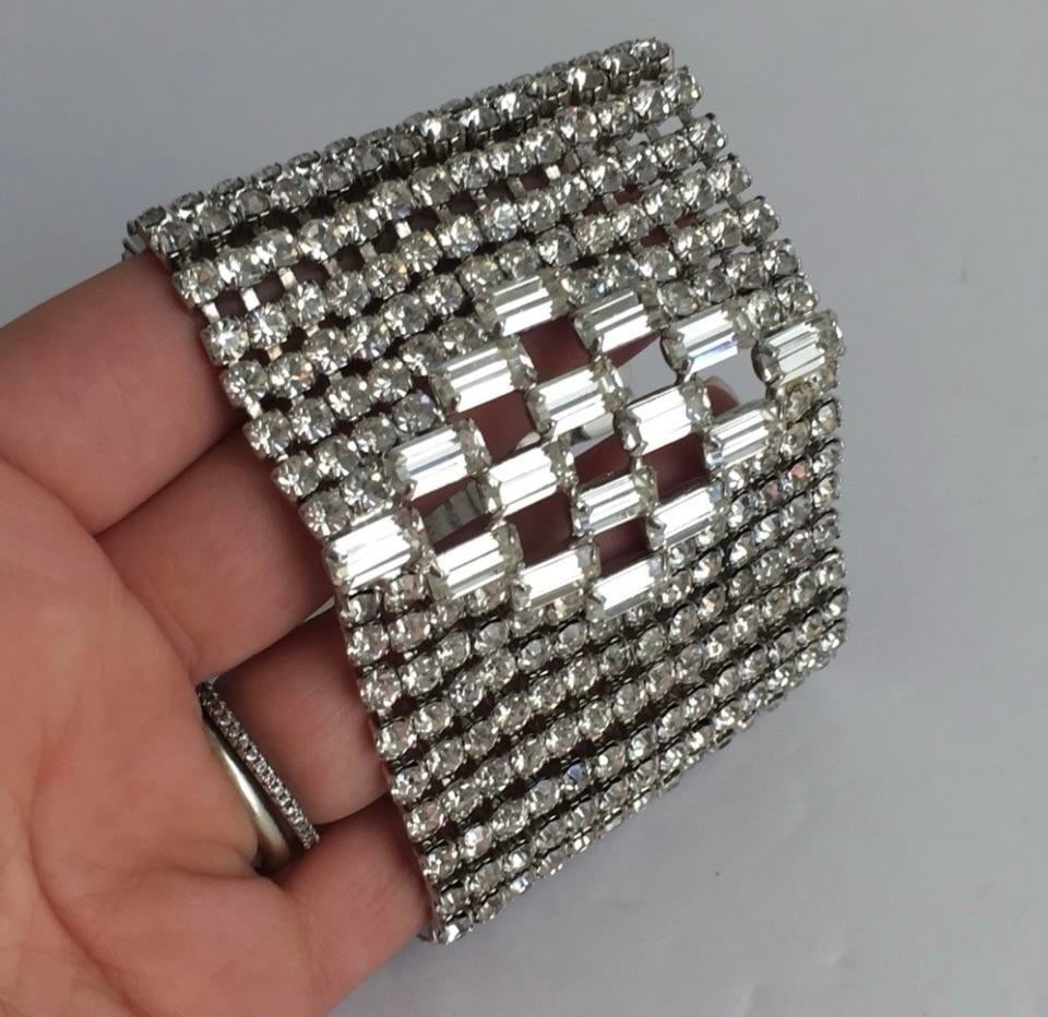 Vintage Rhinestone Bracelet Extra Wide Statement Piece Designer Runway Style 2.25" Wide Estate Jewel - 9