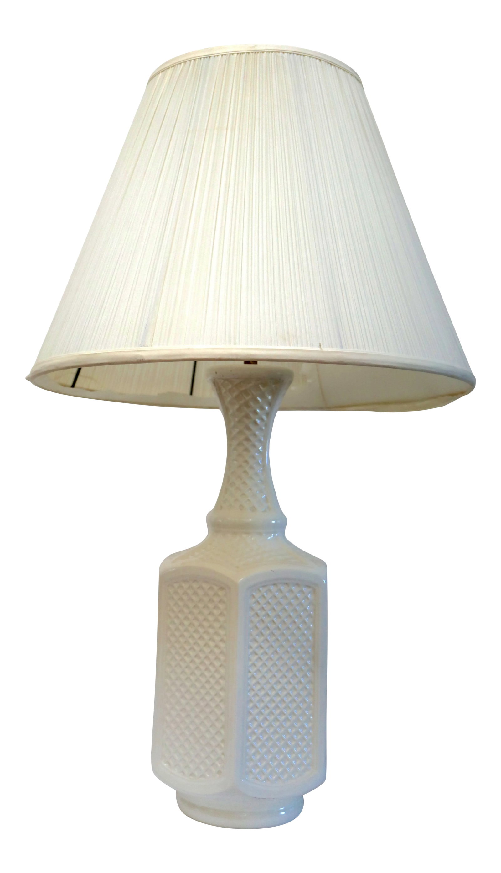 Vintage White Hexagonal Ceramic Geometric Raised Relief Table Lamp: The raised relief of the cross-hatch pattern on this lamp gives it a modern and sleek feel, but this is a vintage ceramic lamp . The lamp is hexagon in shape and it has its own custom lampshade by