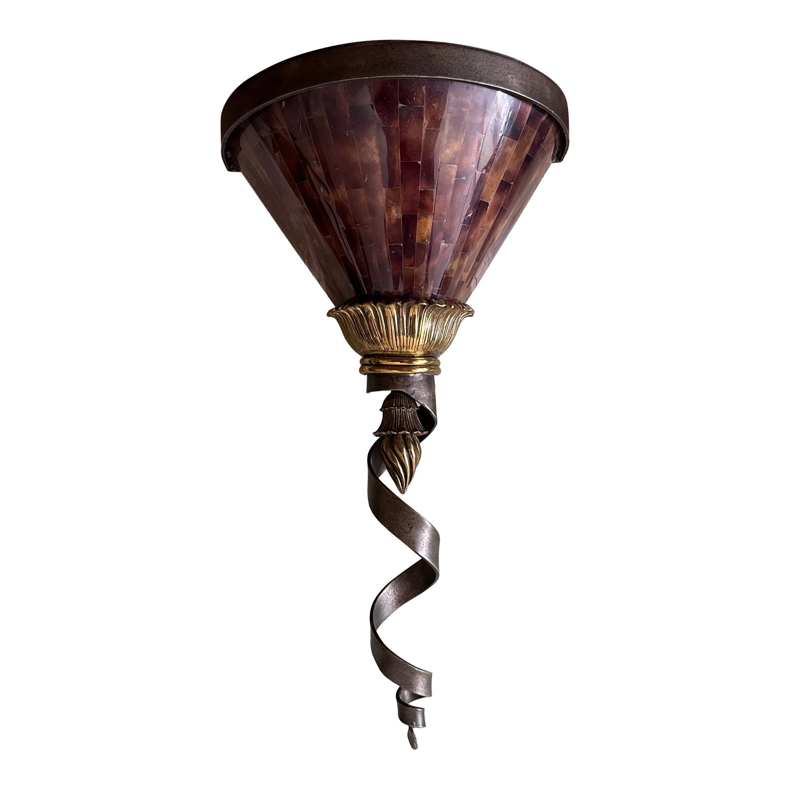 Maitland Smith Wall Sconce: Spiral twisted Iron and Antiqued Brass Wall Sconce with Young Penshell Shade. 1 candelabra socket. Maitland Smith. Century Furniture. Traditional. Modern. Contemporary. Weighs about 11 LBS Condition: