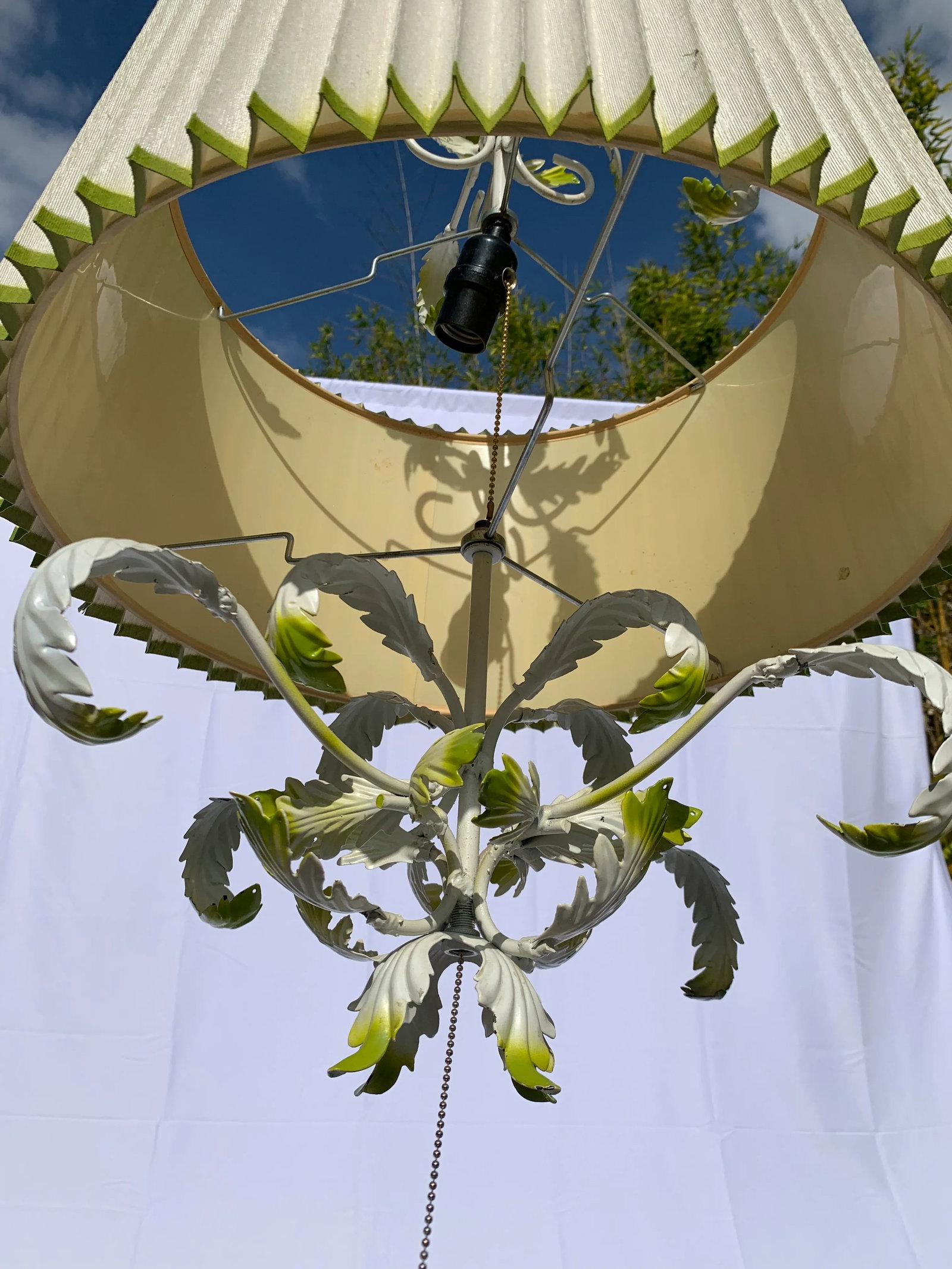 1960's Wrought Iron Stamped Steel Swag Lamp With Brass Chain - 10